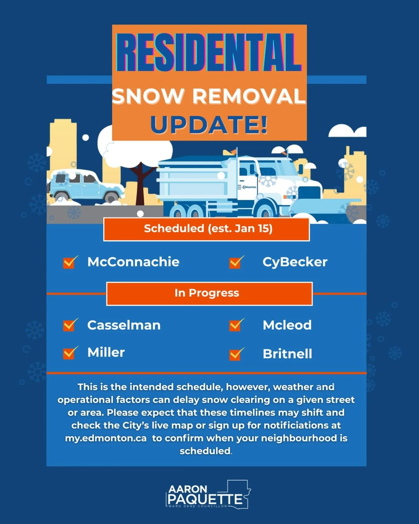 ⚠️Residential Parking Ban Update &ndash; Ward Dene⚠️

Here&rsquo;s the current plan for residential snow clearing in Ward Dene. Please keep in mind that weather and operational conditions can cause delays, so timelines may shift.

To stay up to date,