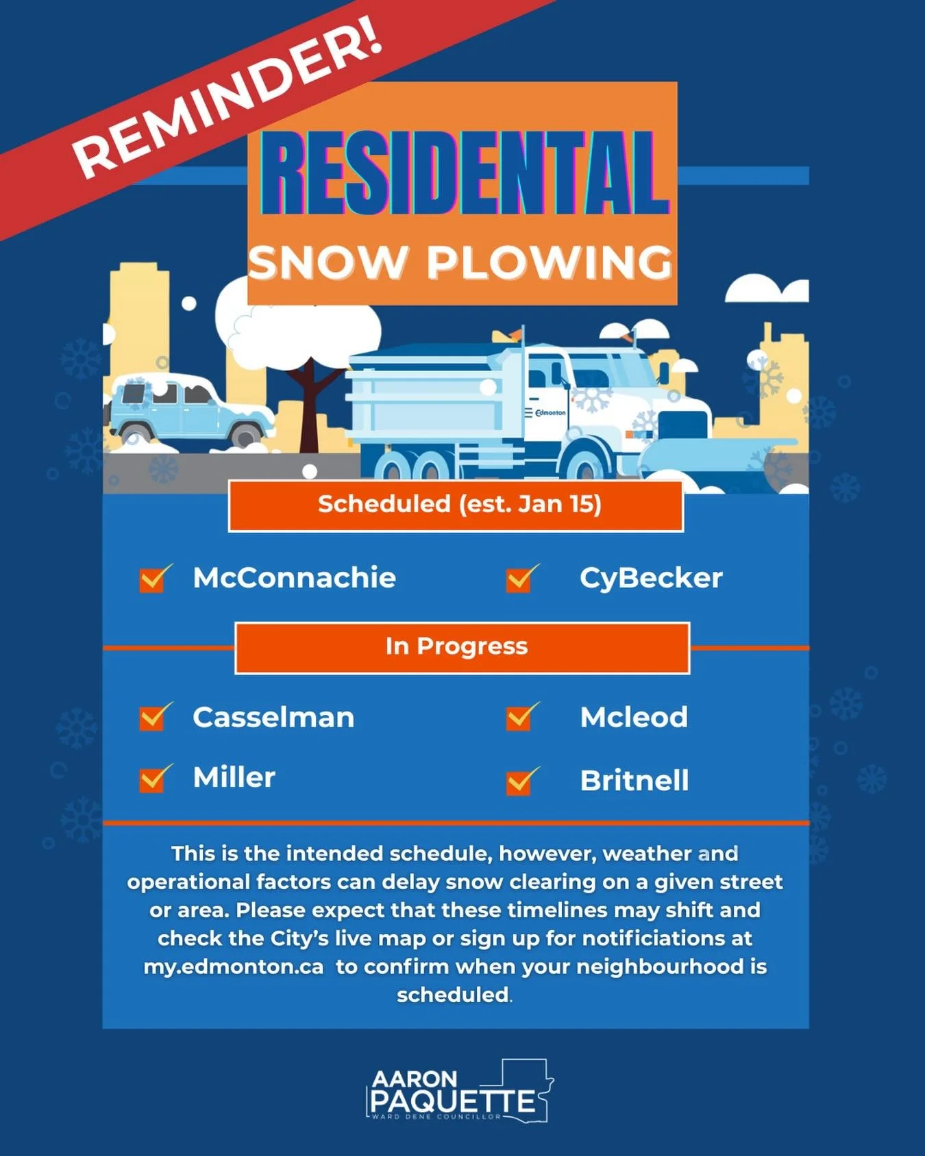 ⚠️ Residential Parking Ban &amp; Snow Plowing Reminder &ndash; Ward Dene ⚠️

Here&rsquo;s the current plan for residential snow clearing in Ward Dene. Please keep in mind that weather and operational conditions can cause delays, so timelines may shif