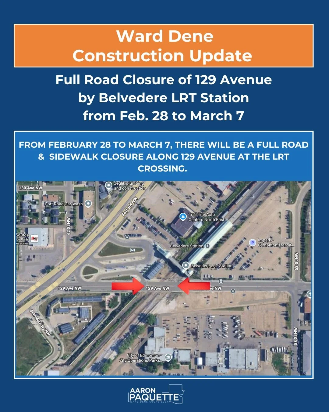 🚧 Construction Notice &ndash; 129 Avenue (Belvedere LRT) 🚧

There is upcoming at-grade rail construction by CN Rail along 129 Avenue (between 58 Street and Fort Road), near Belvedere LRT Station.

Crews will be installing new pedestrian gates, repl