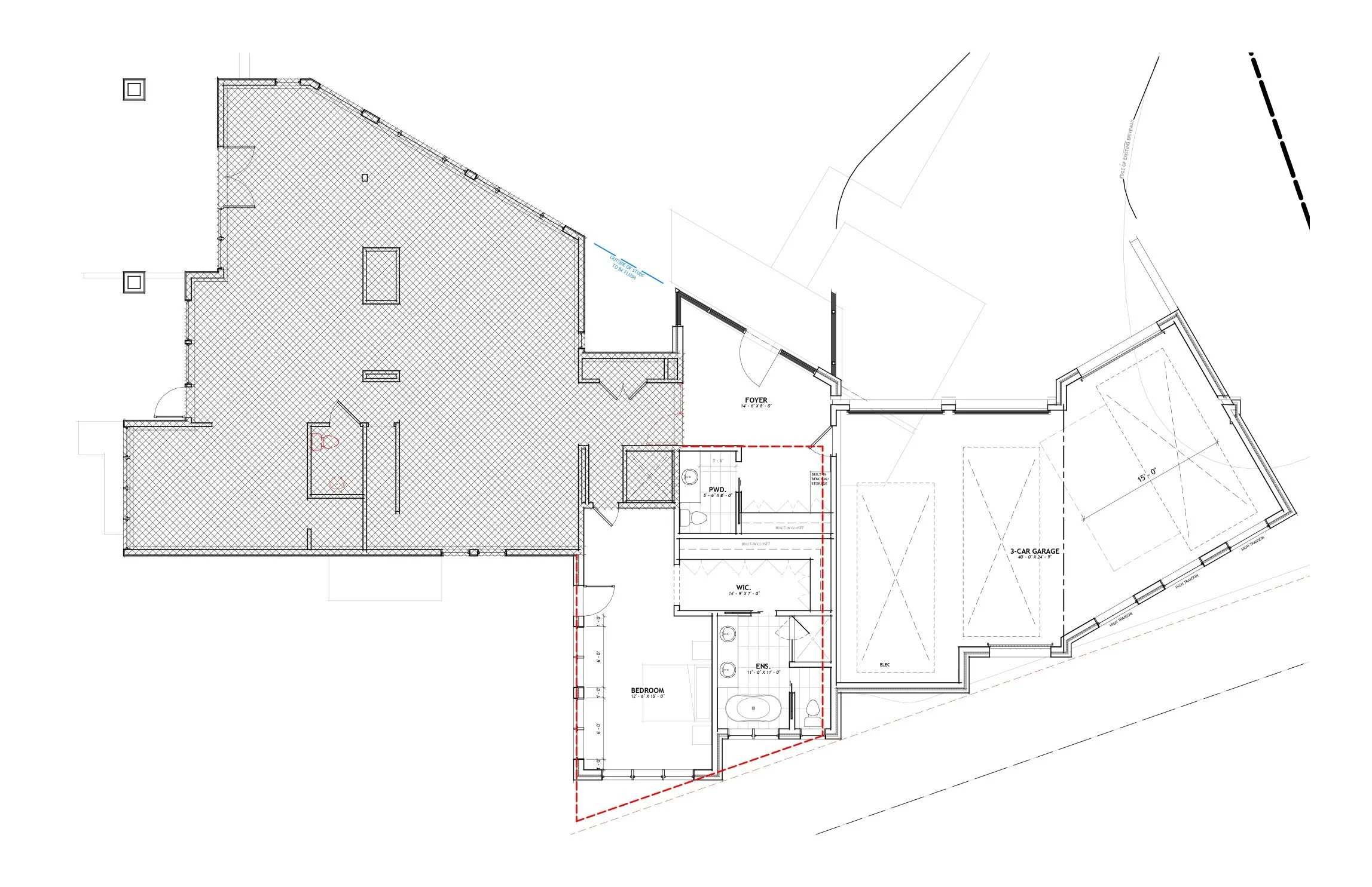 Architectural floor plan of a house showing rooms, garage, and other layouts.