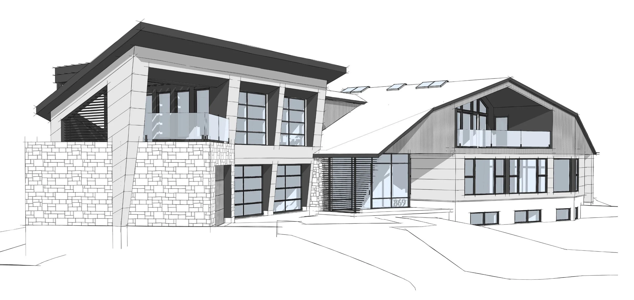 A modern architectural design of a house with large windows, stone and siding exterior, sloped roof, and multiple balconies.