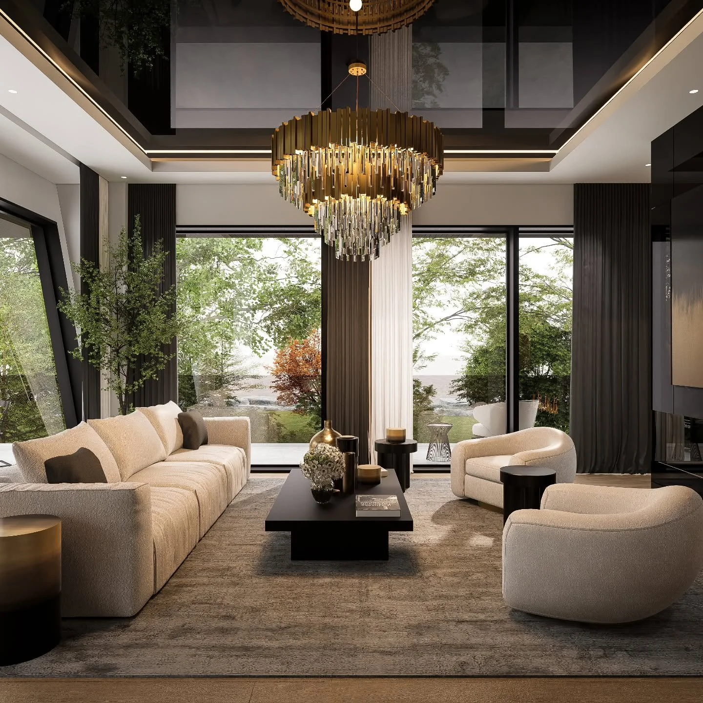 The mood begins with light.
Angled windows frame the sky and control the light. 
Within the dark palette, warmth emerges — a balance between structure and sensuality where shadow meets light and materials do the talking and create something bo