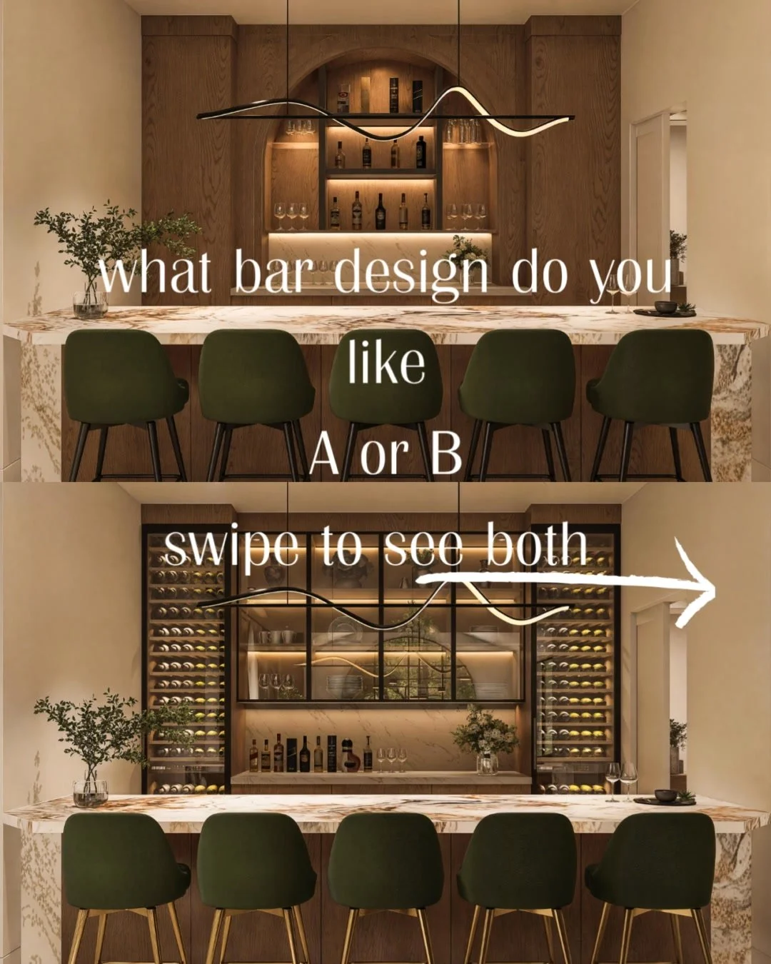 ✨ DESIGN POLL TIME ✨
We&rsquo;re working on a stunning residential bar design and can&rsquo;t decide which direction to take &mdash; so we&rsquo;re leaving it up to YOU! 🍸🏡

👉 Option A: Warm + cozy with natural textures and ambient lighting
👉 Opt