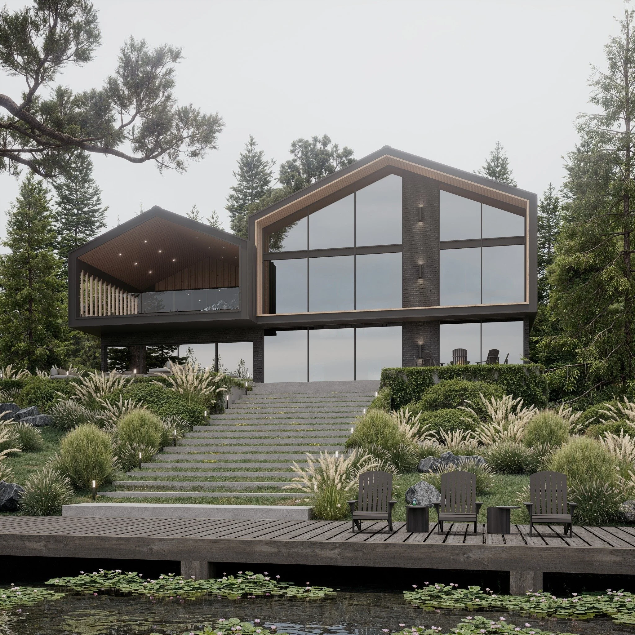 We have designed this front cottage to live with the landscape 🌊

The curtain window wall opens to incredible views, blurring the line between indoors and out. 

Dark exterior finishes paired with warm wood accents add drama while letting nature tak