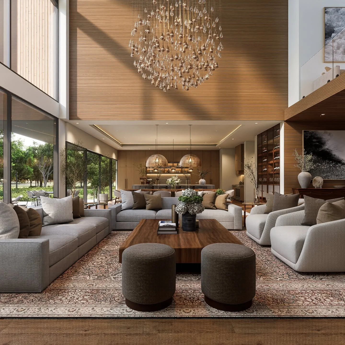 Light | Volume | Presence 

This living room and kitchen were designed to feel expansive from the moment you walked in. Soaring ceilings draw your eye upward, flooding with natural light and creating that sense of calm and luxury. 

High Design | Hig