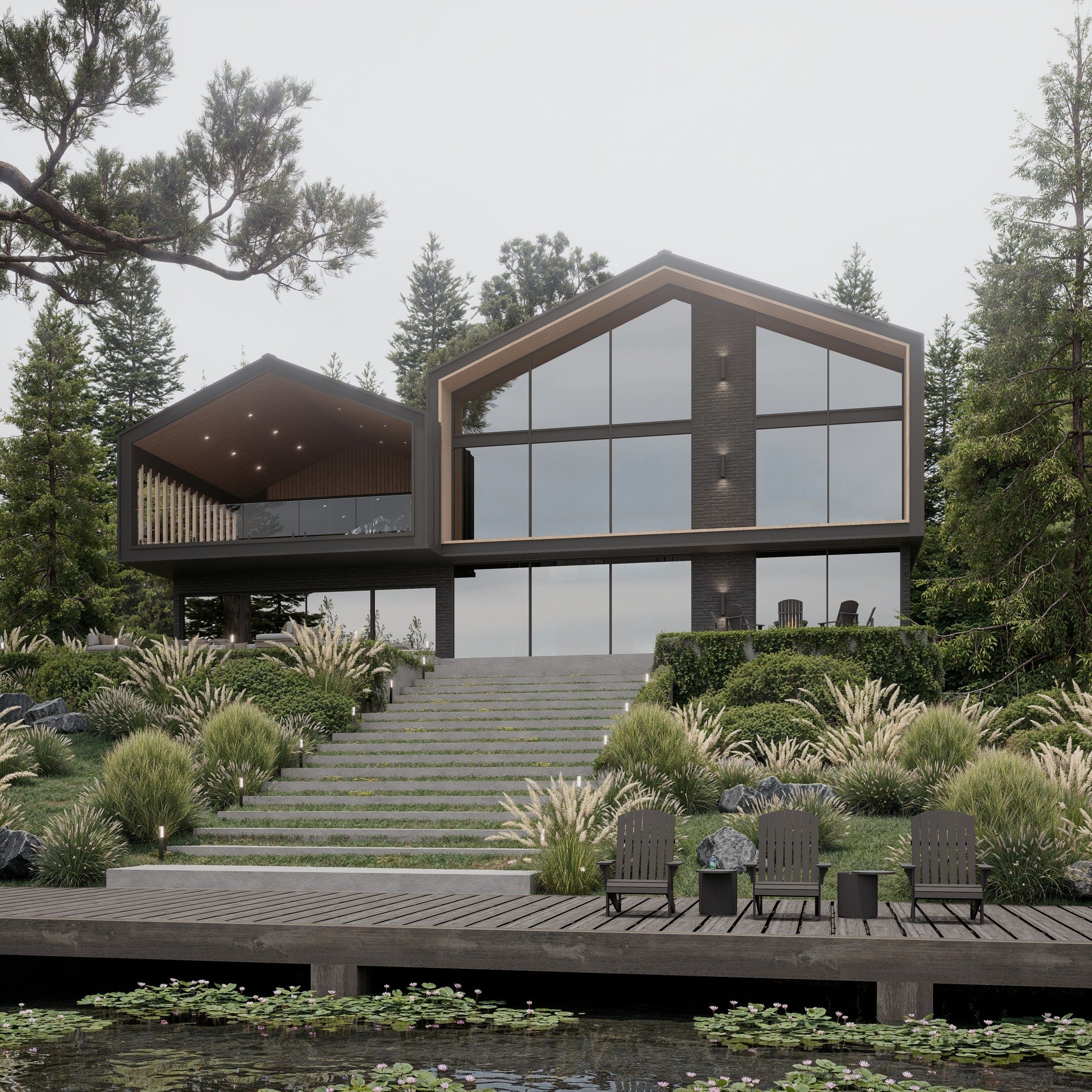 We have designed this front cottage to live with the landscape 🌊

The curtain window wall opens to incredible views, blurring the line between indoors and out. 

Dark exterior finishes paired with warm wood accents add drama while letting nature tak