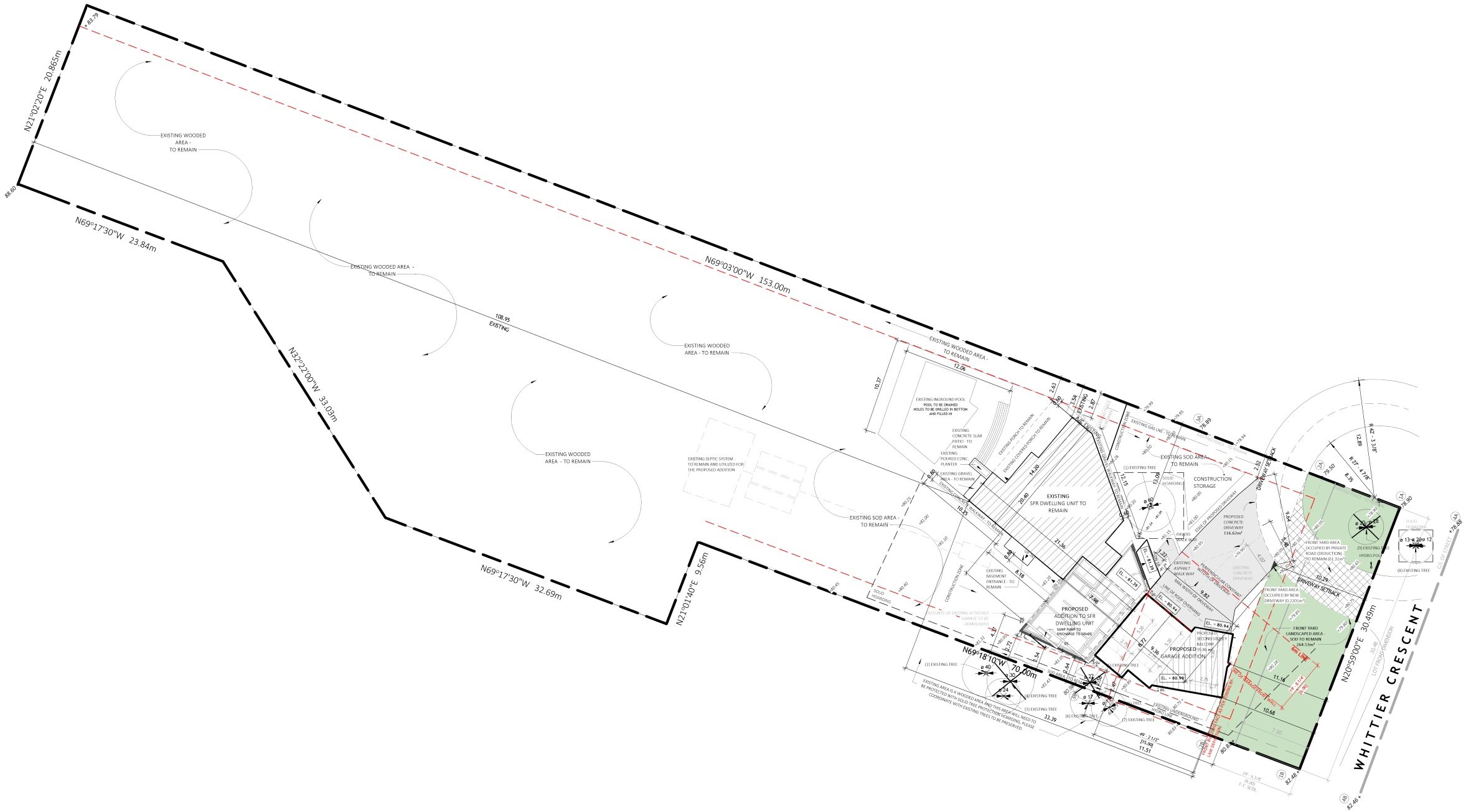 Architectural blueprint of a property with building structures, landscaped areas, and boundary lines on Whitier Crescent.
