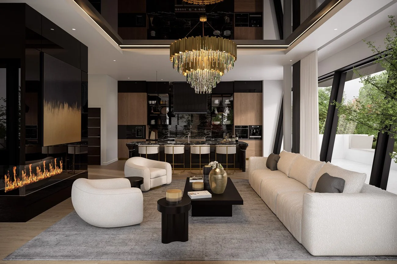 kitchen view from the living room with beige couches and large chandelier inside the Meadow Wood residential architectural project in Mississauga, Ontario