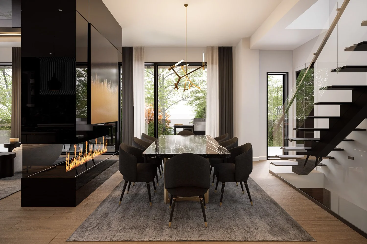 dining room with fireplace inside the Meadow Wood residential architectural project in Mississauga, Ontario
