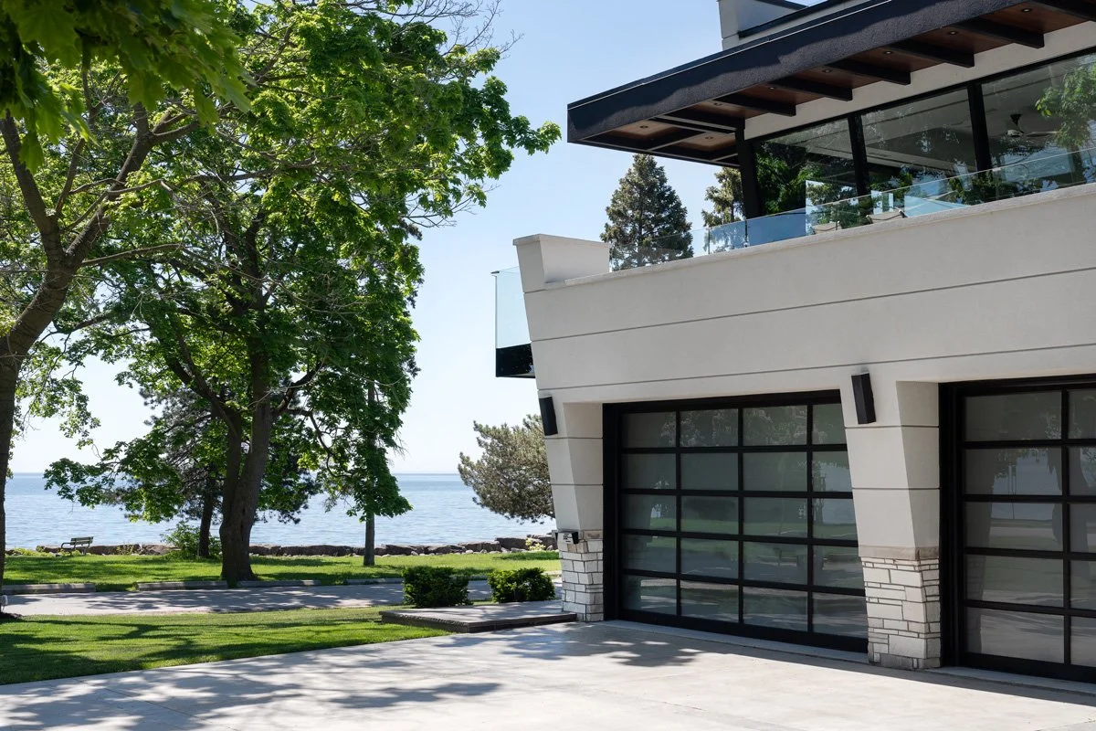 close-up of the garage door and upper patio of the Meadow Wood residential architectural project in Mississauga, Ontario