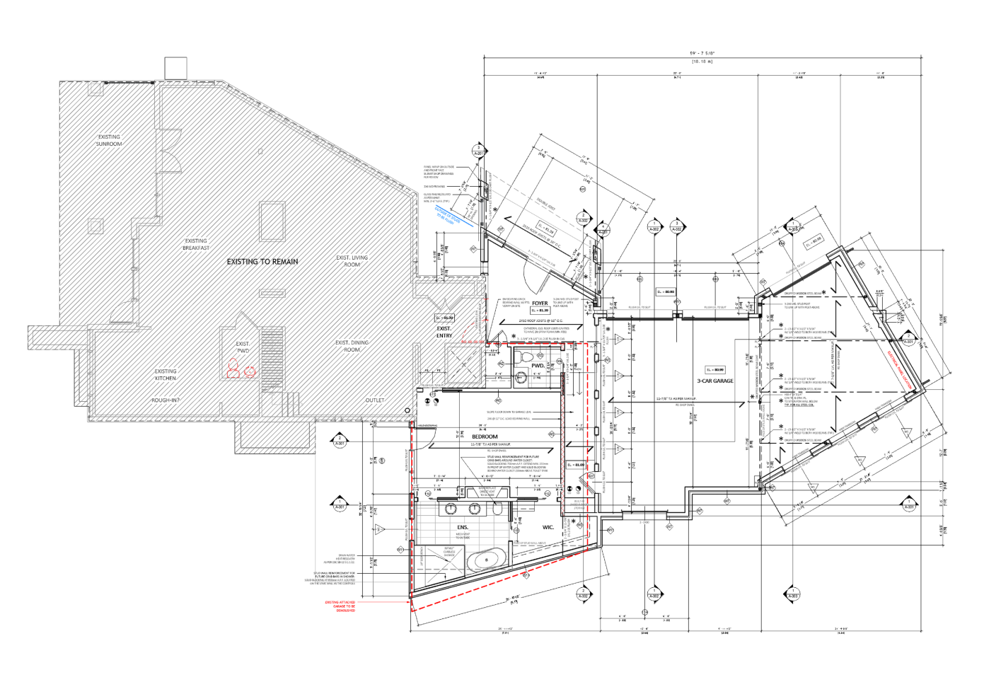 Architectural floor plan of a residential house showing rooms, walls, doors, windows, and measurements.