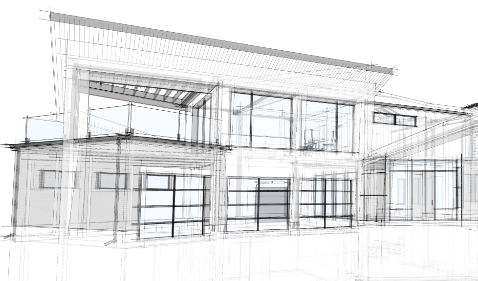 Architectural blueprint or 3D rendering of a modern house with multiple levels and large windows.