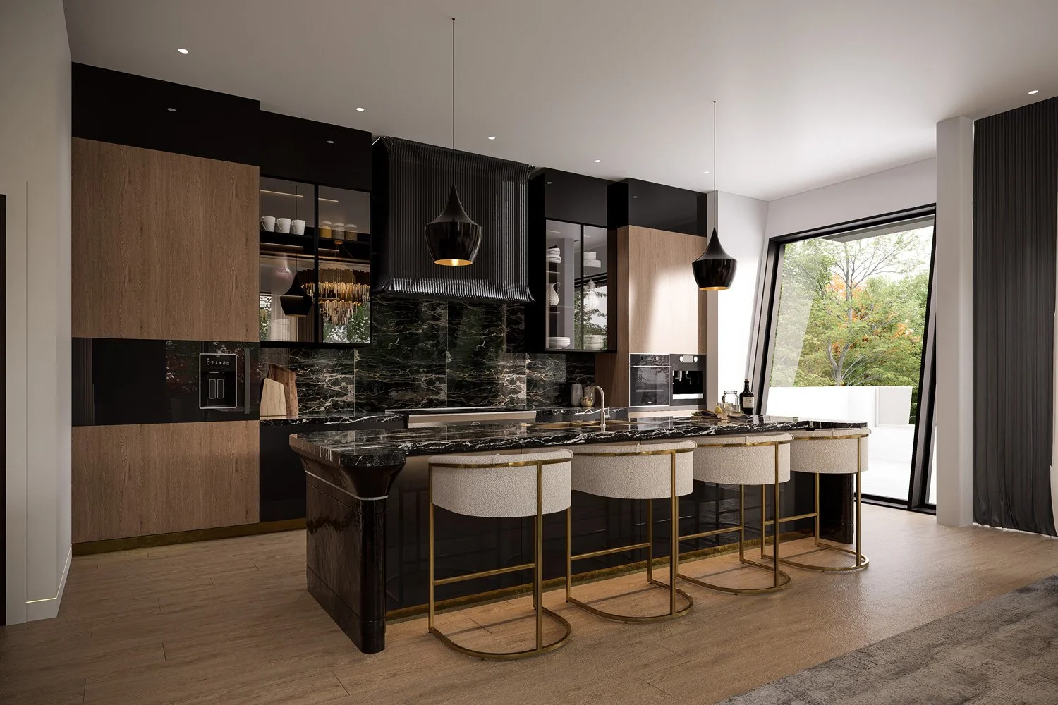 brown, black and gold kitchen of the Meadow Wood residential architectural project in Mississauga, Ontario
