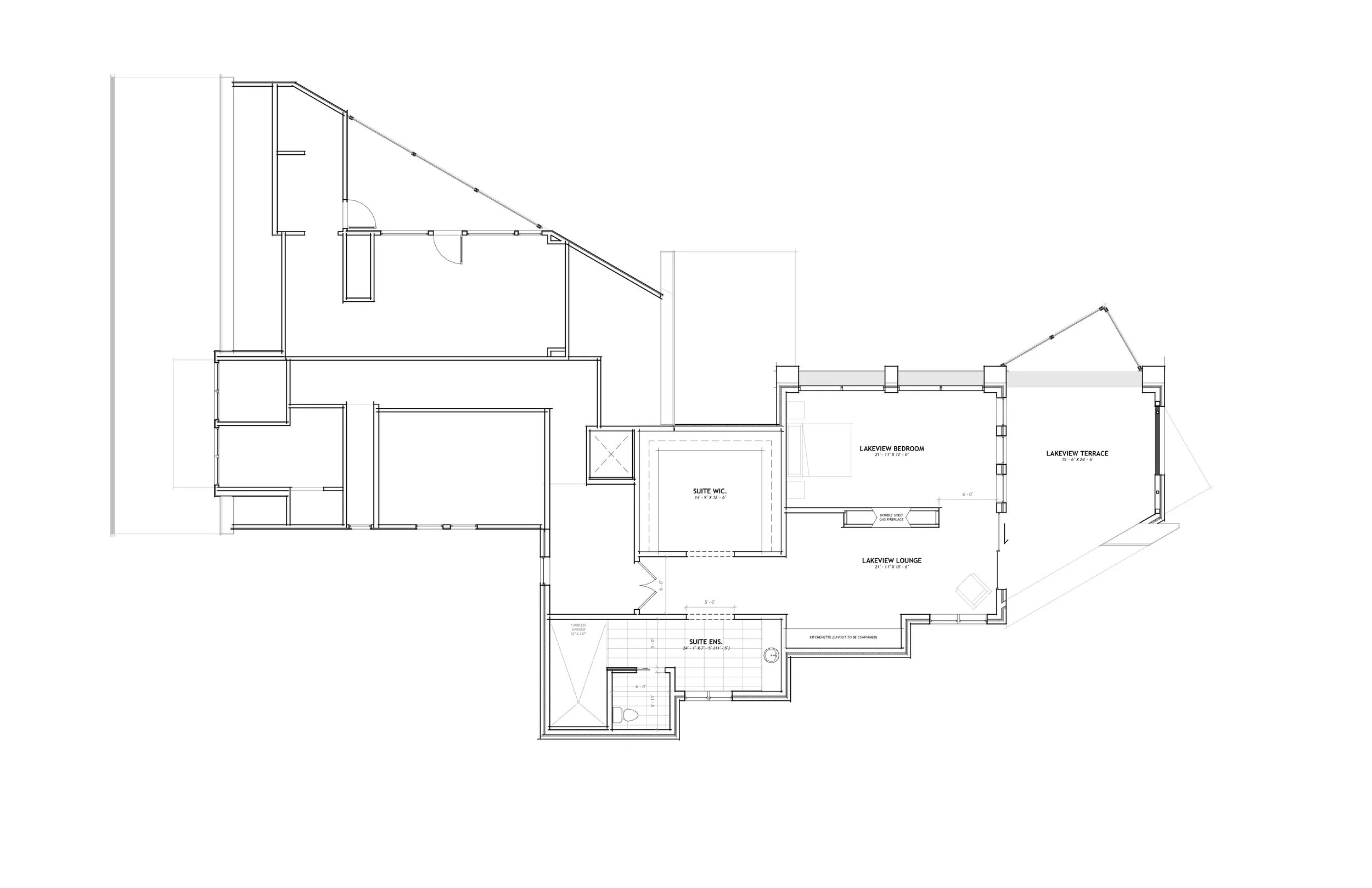 Architectural floor plan of a house with rooms including a bedroom, lounge, terrace, and bathrooms.