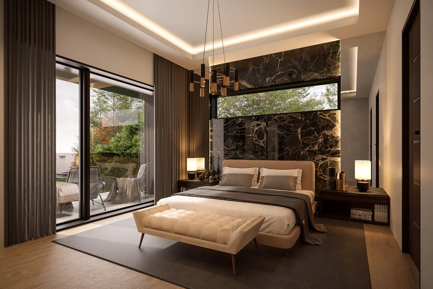 master bedroom with black marble and gold fixings inside the Meadow Wood residential architectural project in Mississauga, Ontario