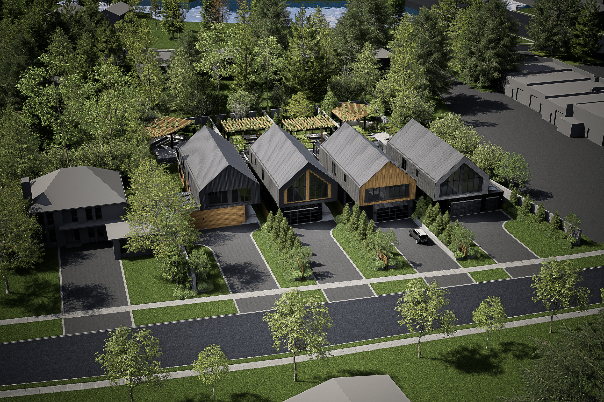 aerial road view of 3 houses in Richmond Park Luxury Living in Georgina