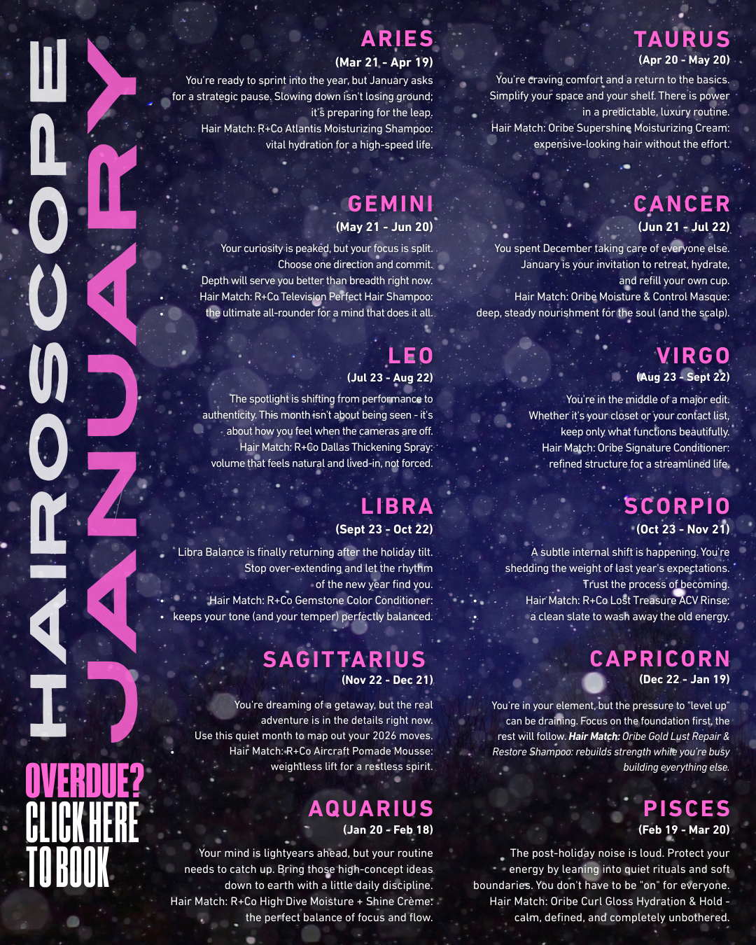 January Hair-o-scope for all zodiac signs matching hair needs with R+Co and Oribe products at Euphoria 158. Book Online.