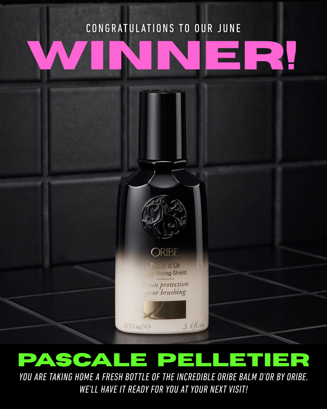 Product shot of luxury Oribe Balm d'Or Heat Styling Shield on a sleek black tiled background, announcing the June "Summer Lovin'" giveaway winner at Euphoria 158, a premium hair boutique located in Hamilton, Ontario.