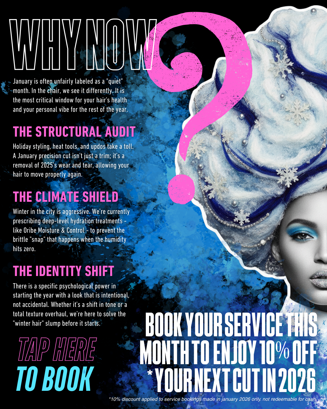 Blue and pink graphic detailing the importance of a January hair appointment, featuring a structural audit and climate shield hydration.