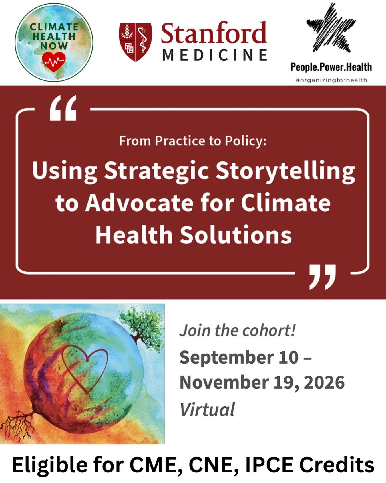 Join Climate Health Now, Stanford Medicine and People Power Health for a 7-session educational course that empowers nurses, physicians, and all health professionals to leverage their trusted voices by transforming frontline clinical experiences into 