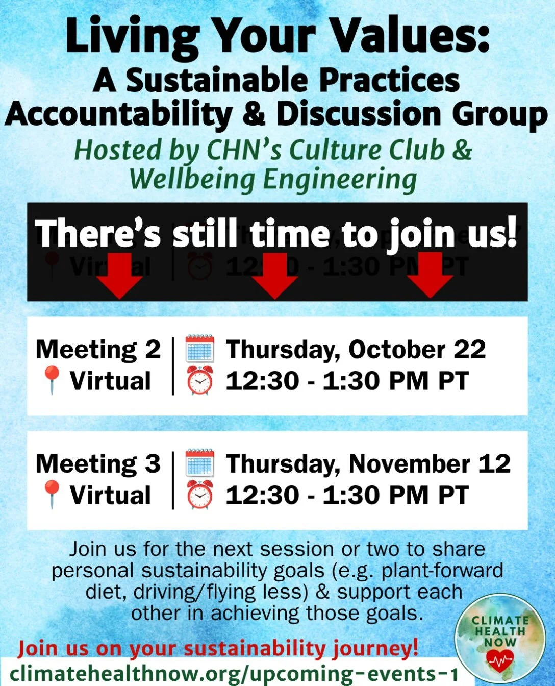 Missed the first session? No problem! You can join us for just one session or all! Register by going to our website and checking out the &ldquo;Upcoming Events&rdquo; tab. 

#ecoconscious #sustainability #virtualdiscussion #accountability #climatehea