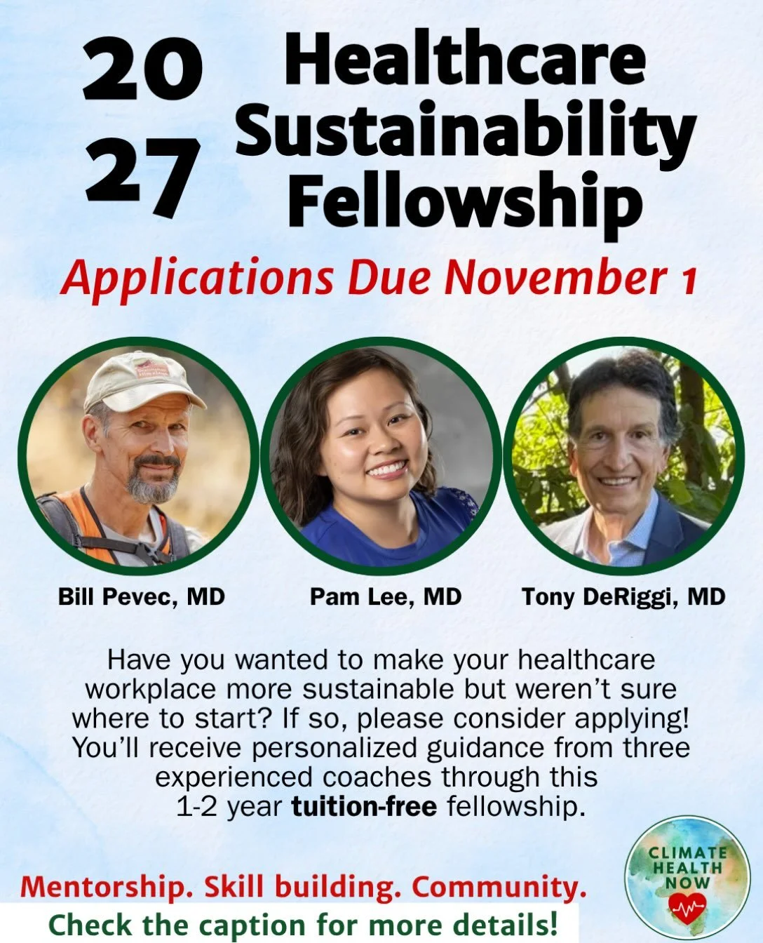 To learn more about Climate Health Now&rsquo;s Healthcare Sustainability Fellowship, past projects, and to apply, go to our website and click &ldquo;Healthcare Sustainability&rdquo; under our &ldquo;Get Involved&rdquo; Tab. https://climatehealthnow.o