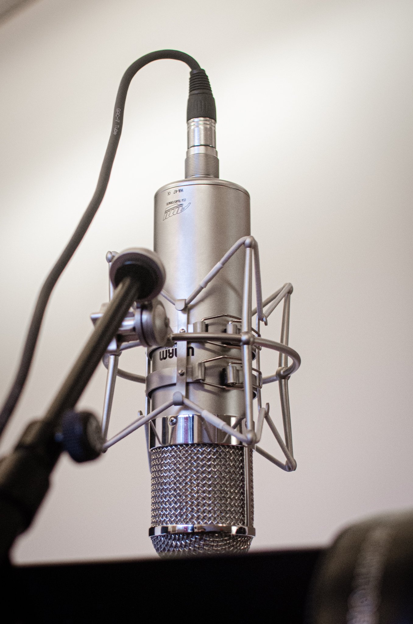 Profesjonell mikrofon med skjerm og stender, brukt i lydopptak.