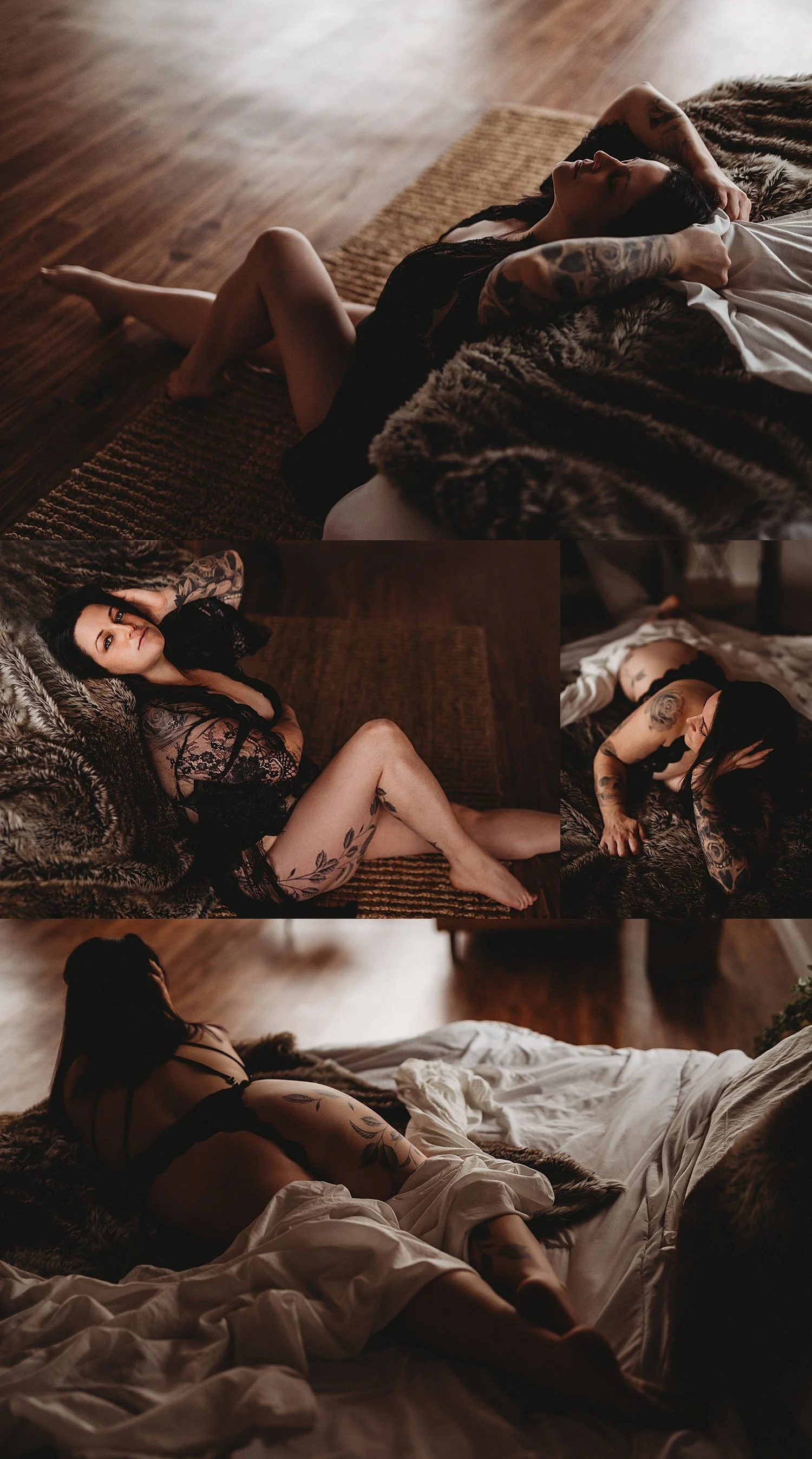  lady leans back against bed in a black lace outfit by Hannah Mac Studios 