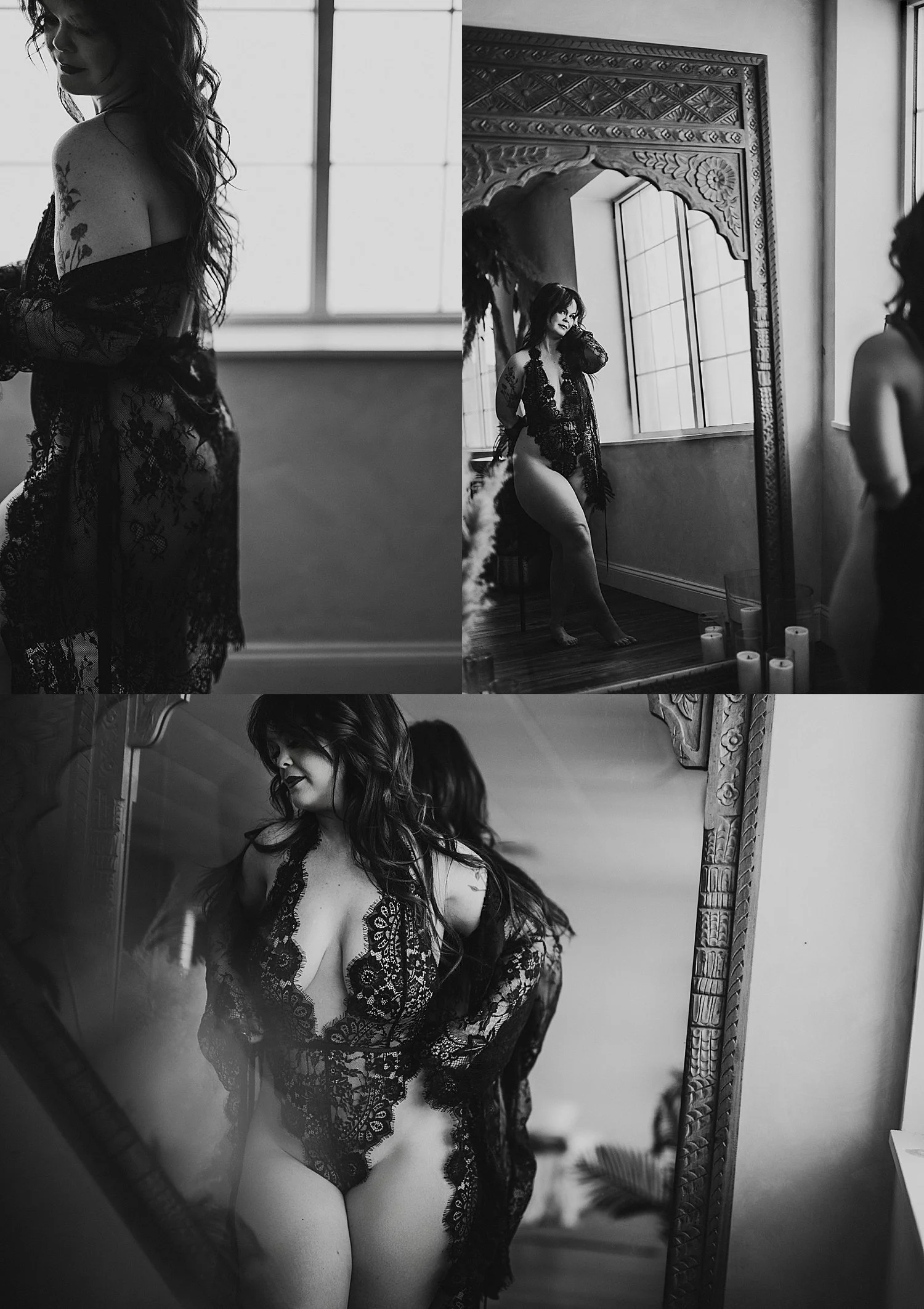  model in black lace lingerie in front of a mirror learning we deserve to be seen 