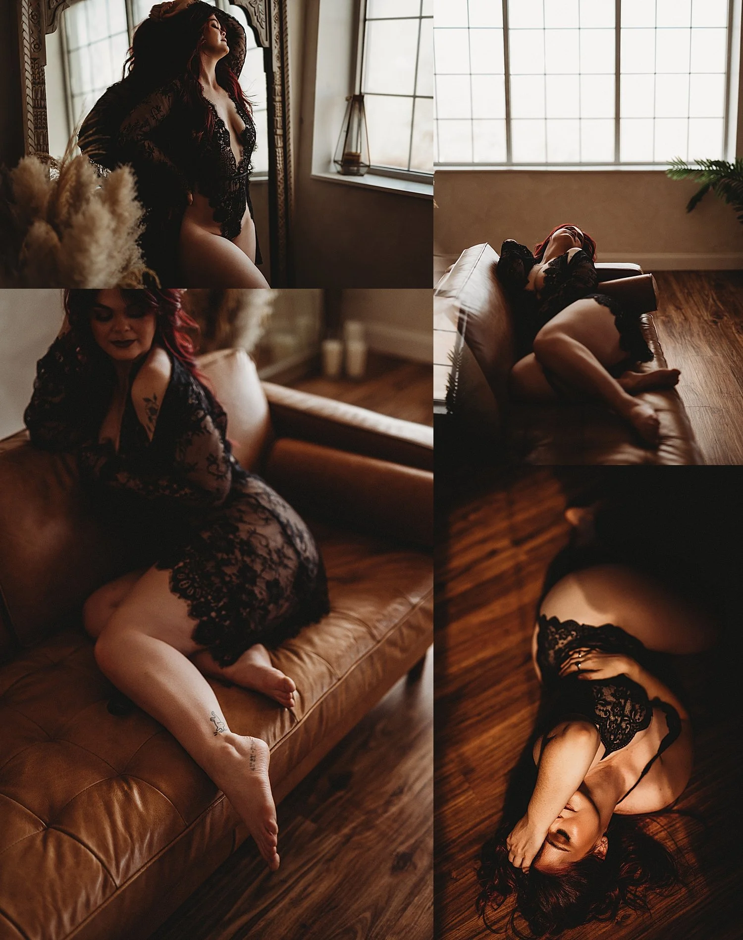  woman lies on studio couch in lingerie by New Hampshire boudoir photographer 