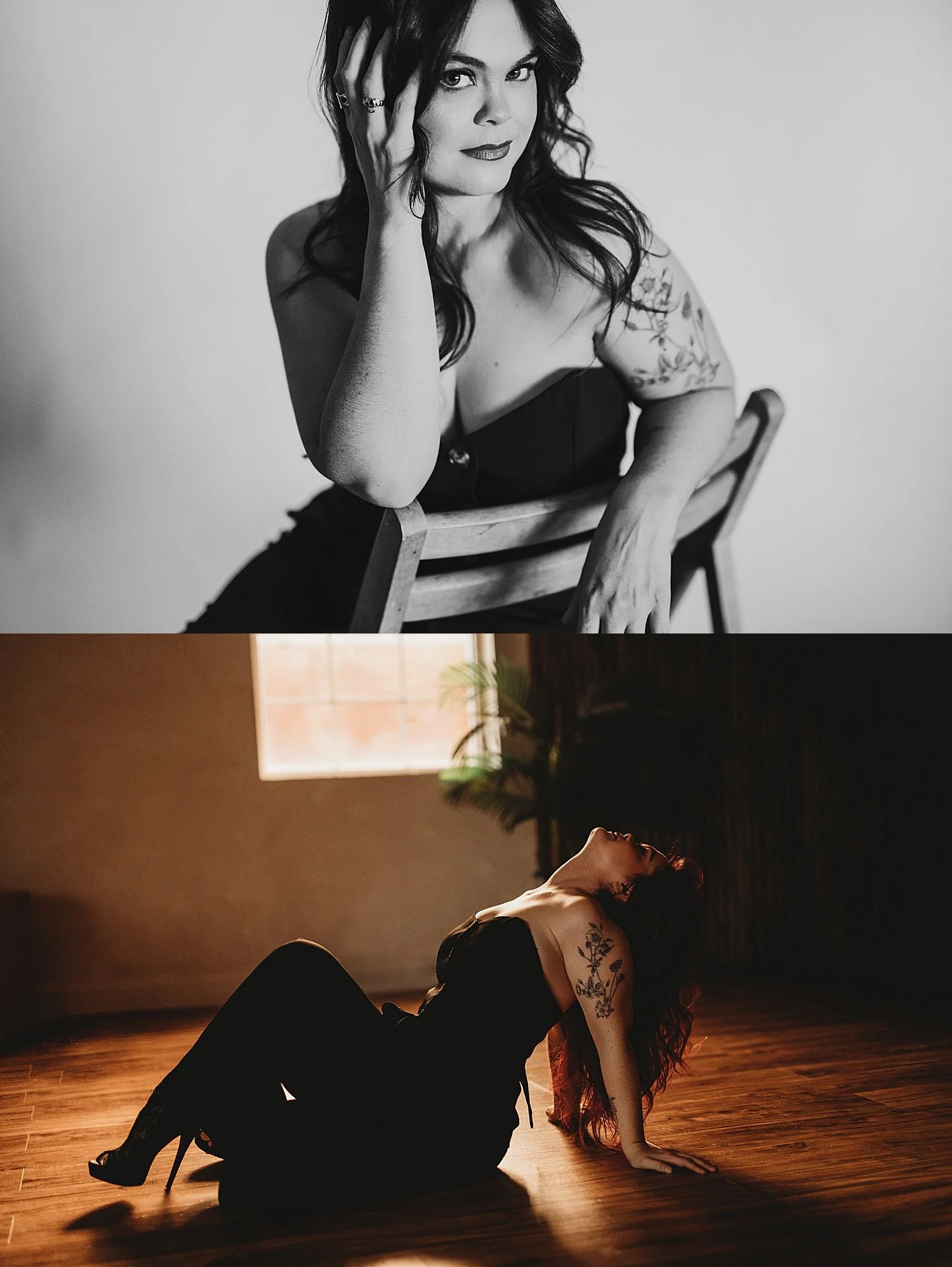  model in black strapless jumpsuit stradles chair by Hannah Mac Studios 