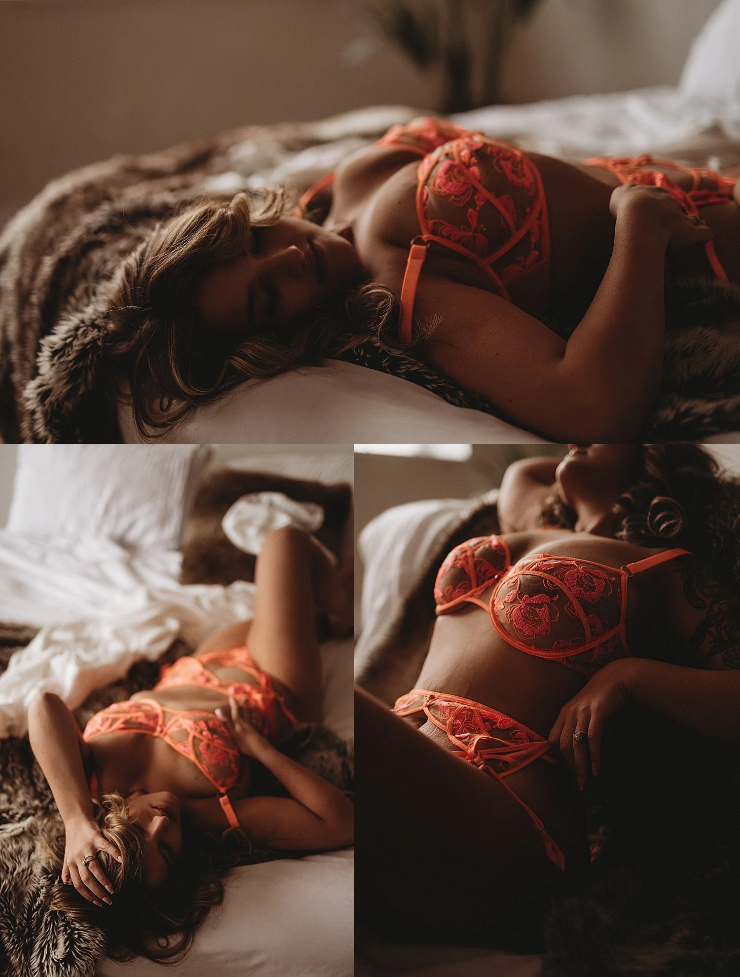 blonde in orange lingerie lies on bed by New Hampshire boudoir photographer