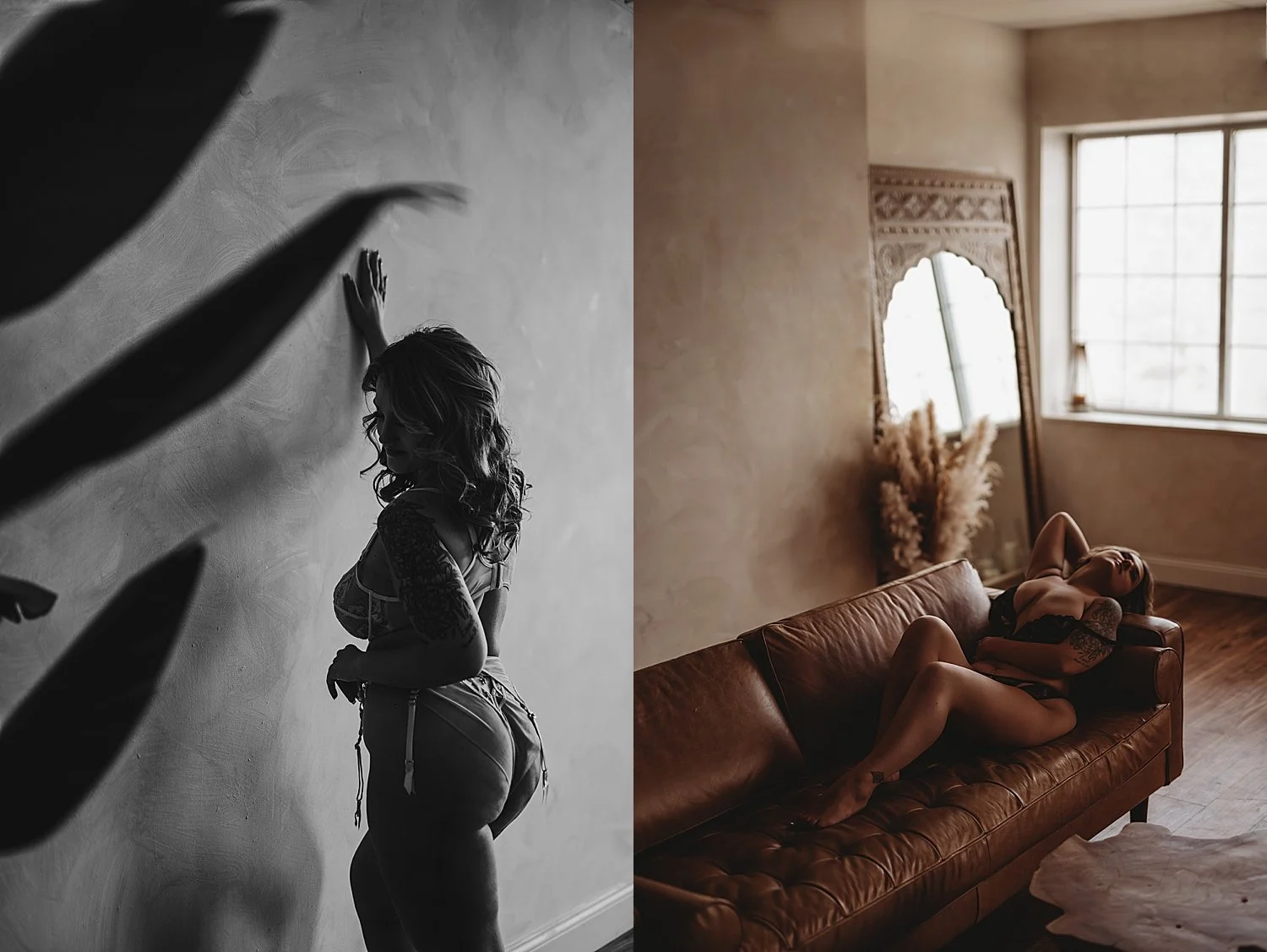 model lies across leather couch in Hannah Mac Studios