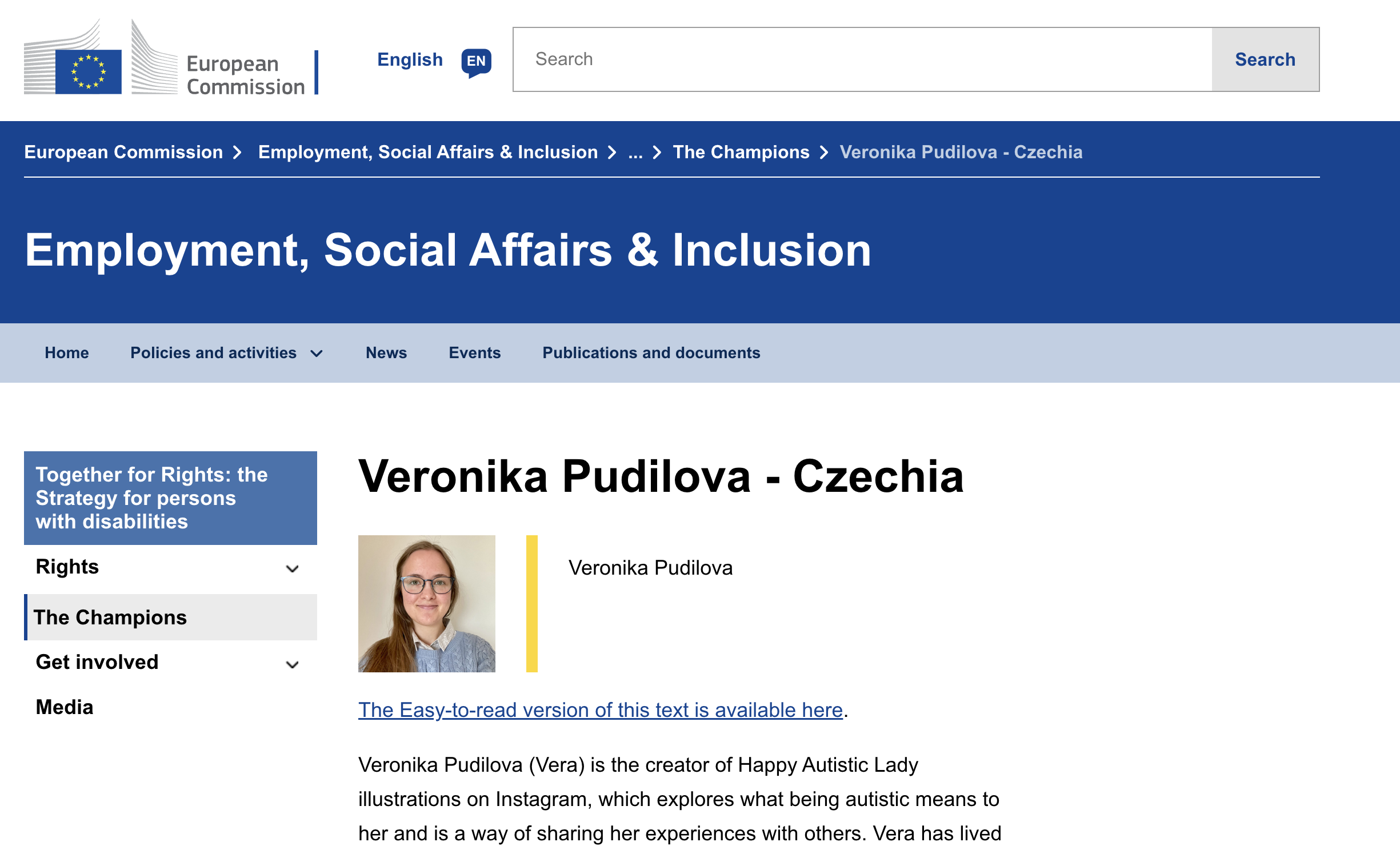 Vera’s profile, representing Happy Autistic Lady, as a supporter and champion of the EU’s Together For Rights campaign.