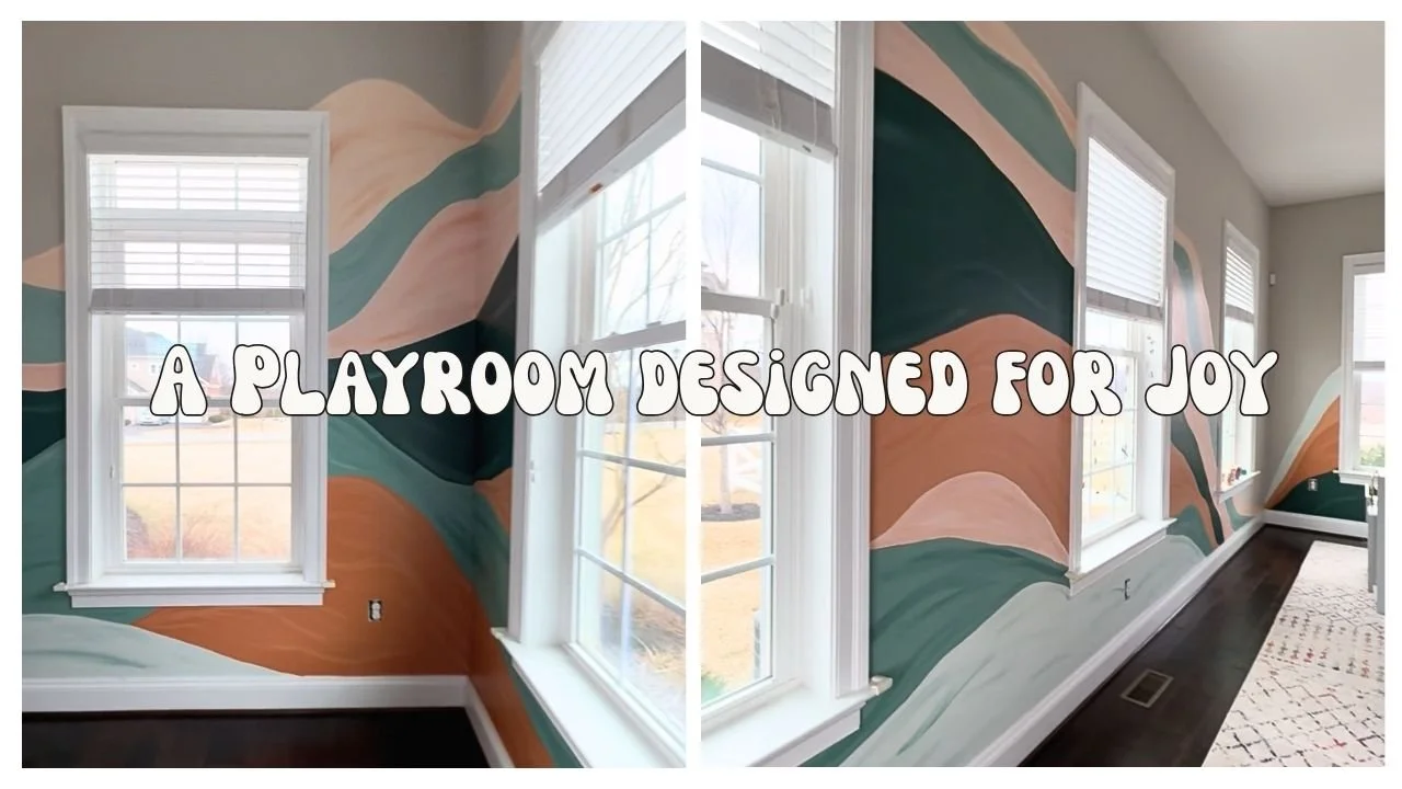 Colorful abstract mural spanning three walls of a children’s playroom in Clarksville, Maryland