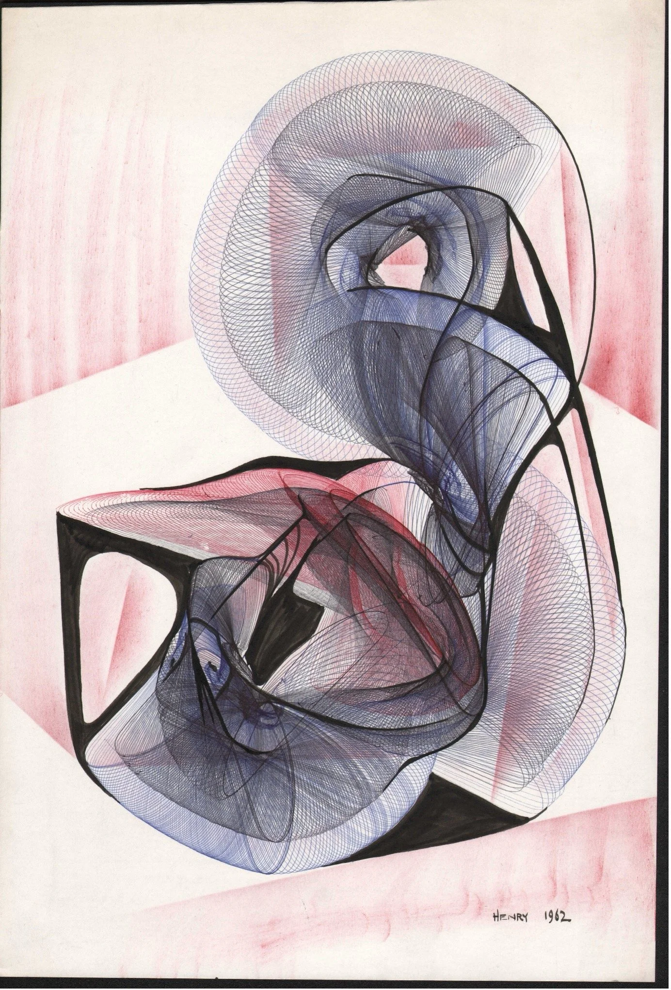 Desmond Paul Henry (1921-2004)
no. 634, Untitled, 1962, blue and red coloured biro on white paper, size: 49x53cm. Hand embellishments: pastel-pink background shading and black in-fills. Picture executed using Drawing Machine One, created by the artis