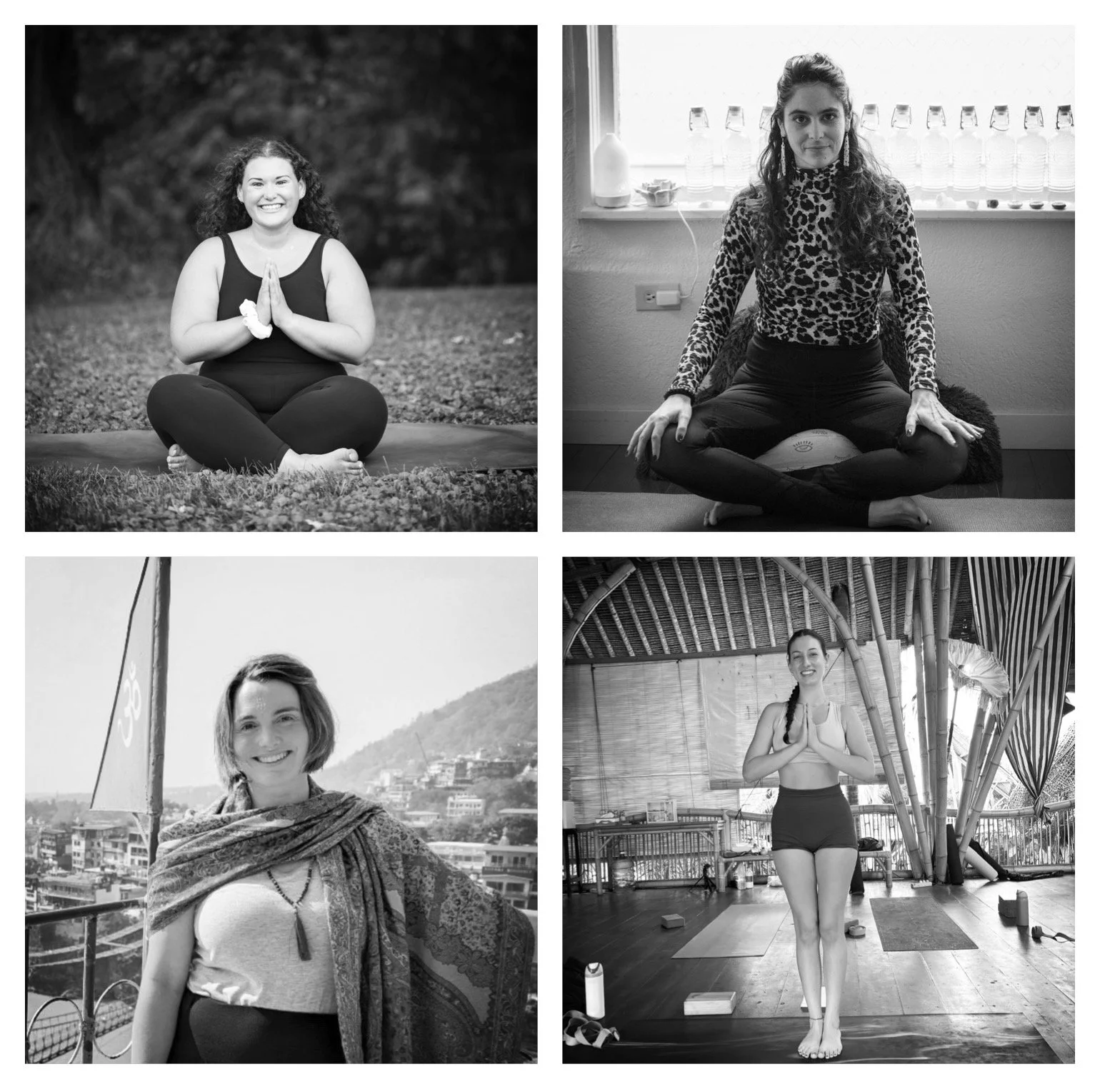 Four women participating in different yoga or meditation practices, each seated in a cross-legged position and wearing comfortable clothing.