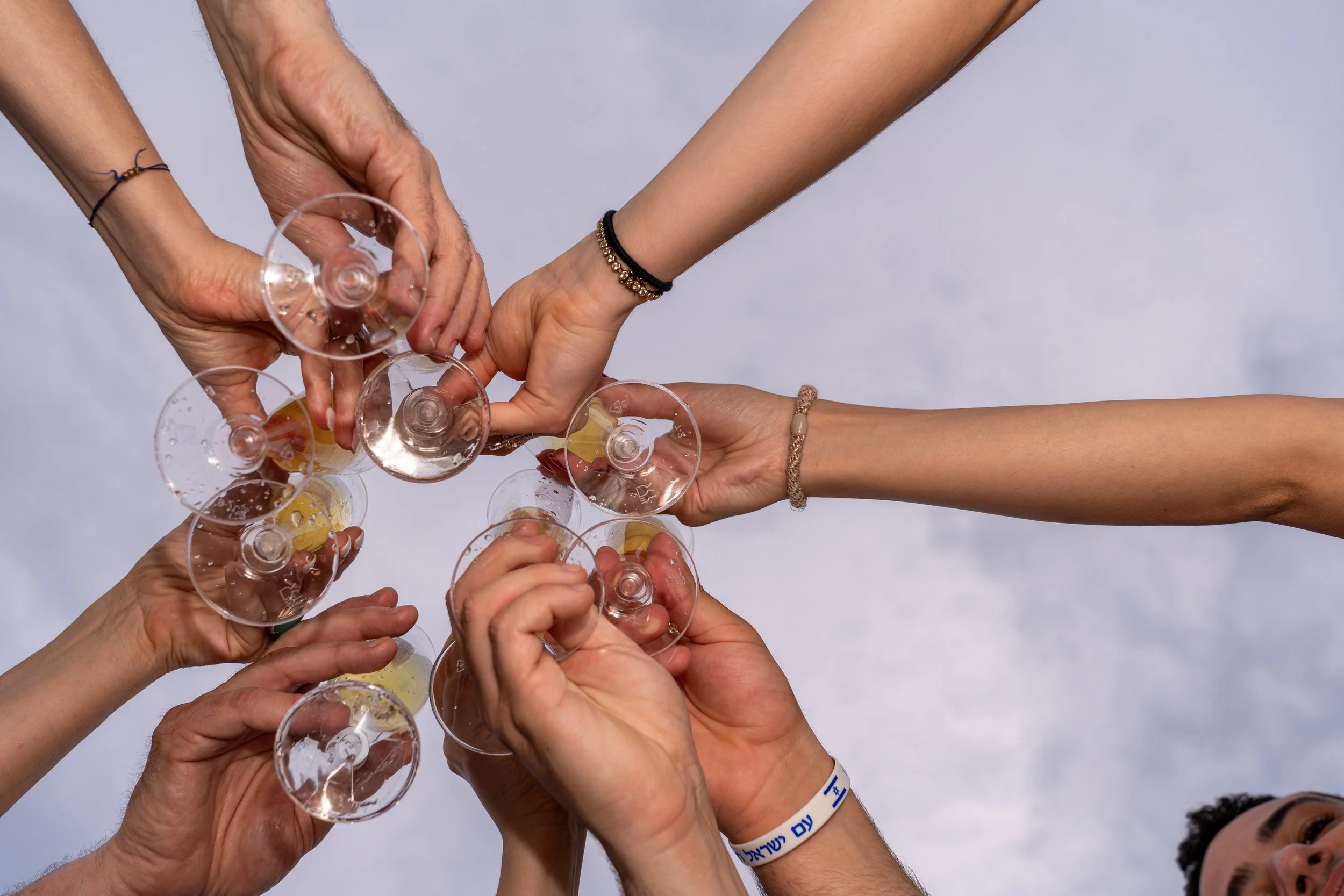 Overhead view of friends clinking crystal champagne coupes against summer sky at Westchester engagement party.