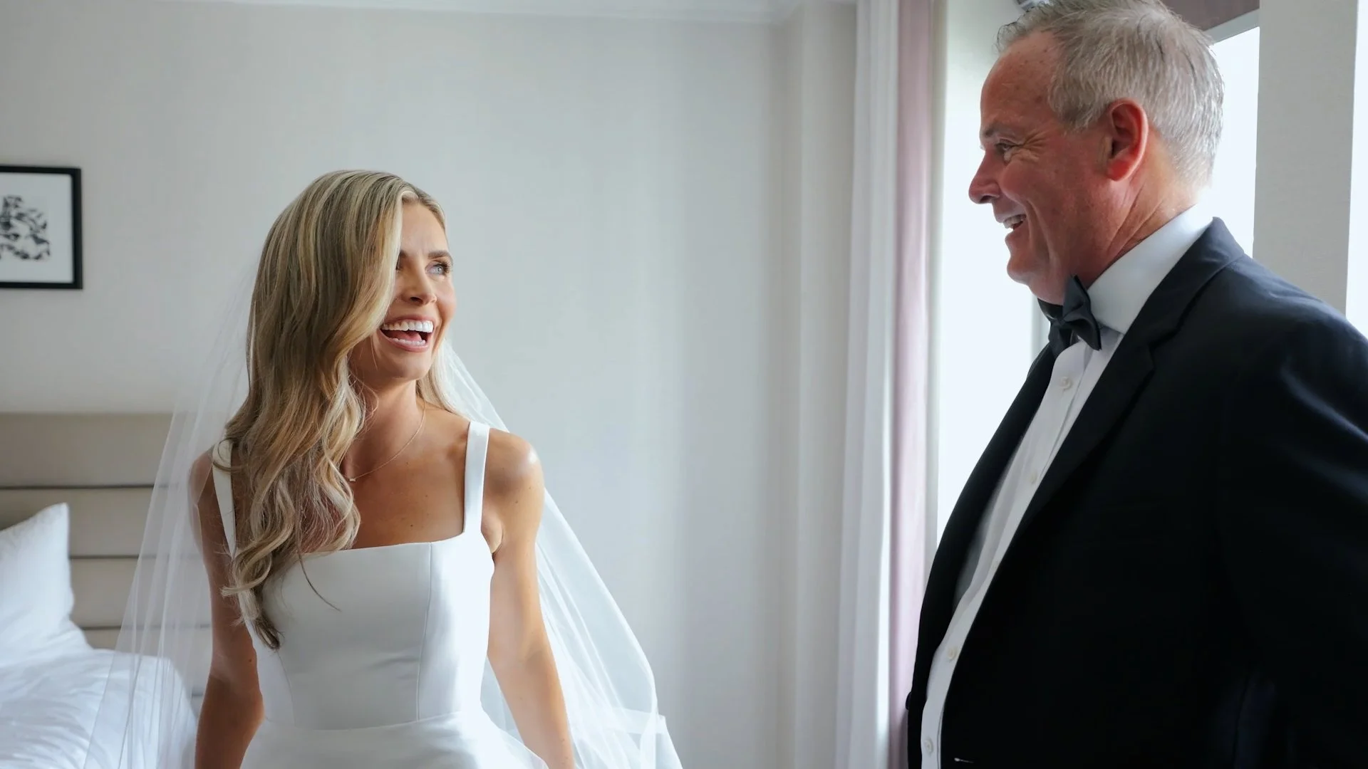 Emotional bride first look video still at the claridge house