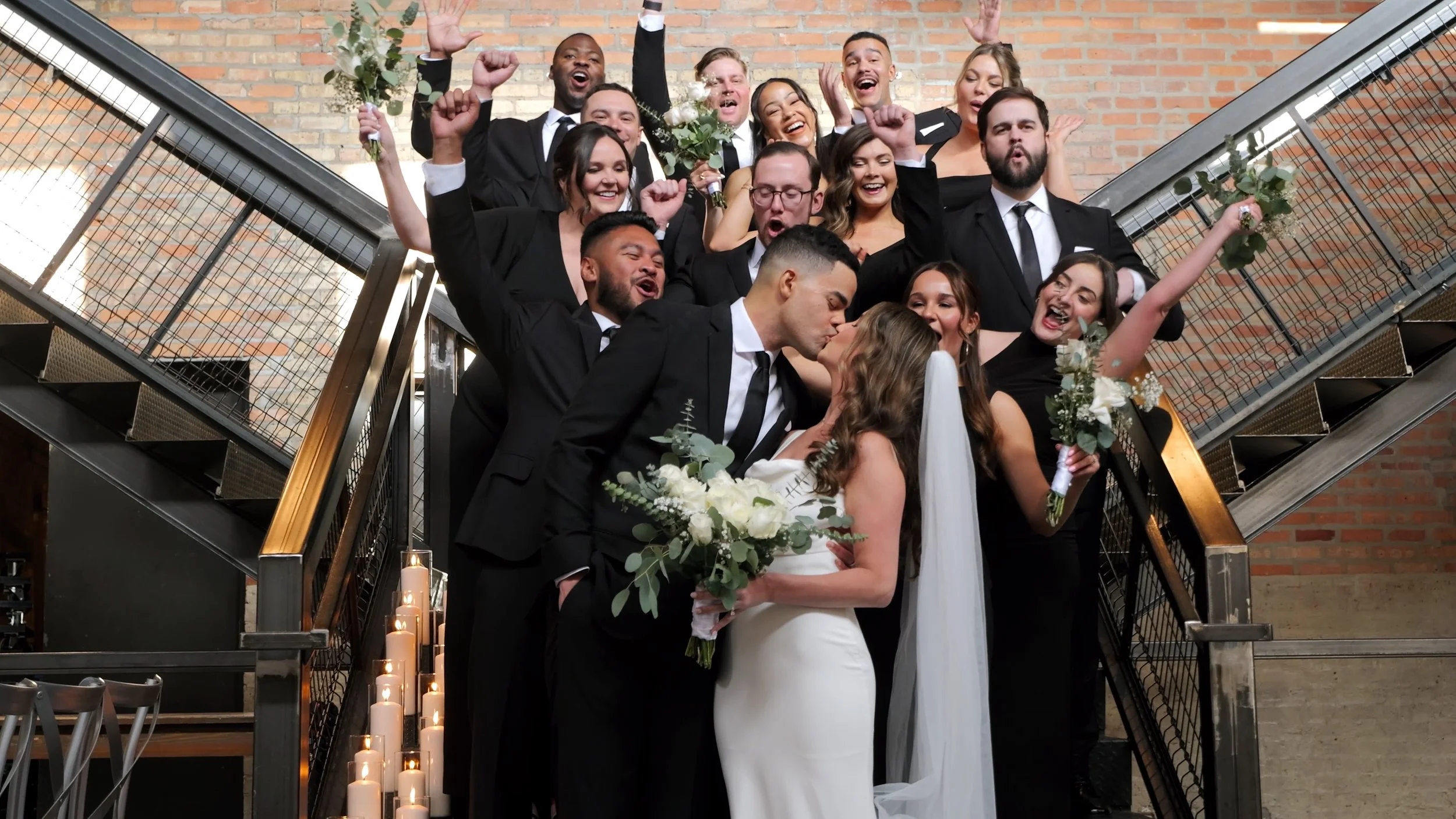 Cheering Bridal party group photo at the Fairlie wedding venue in Chicago