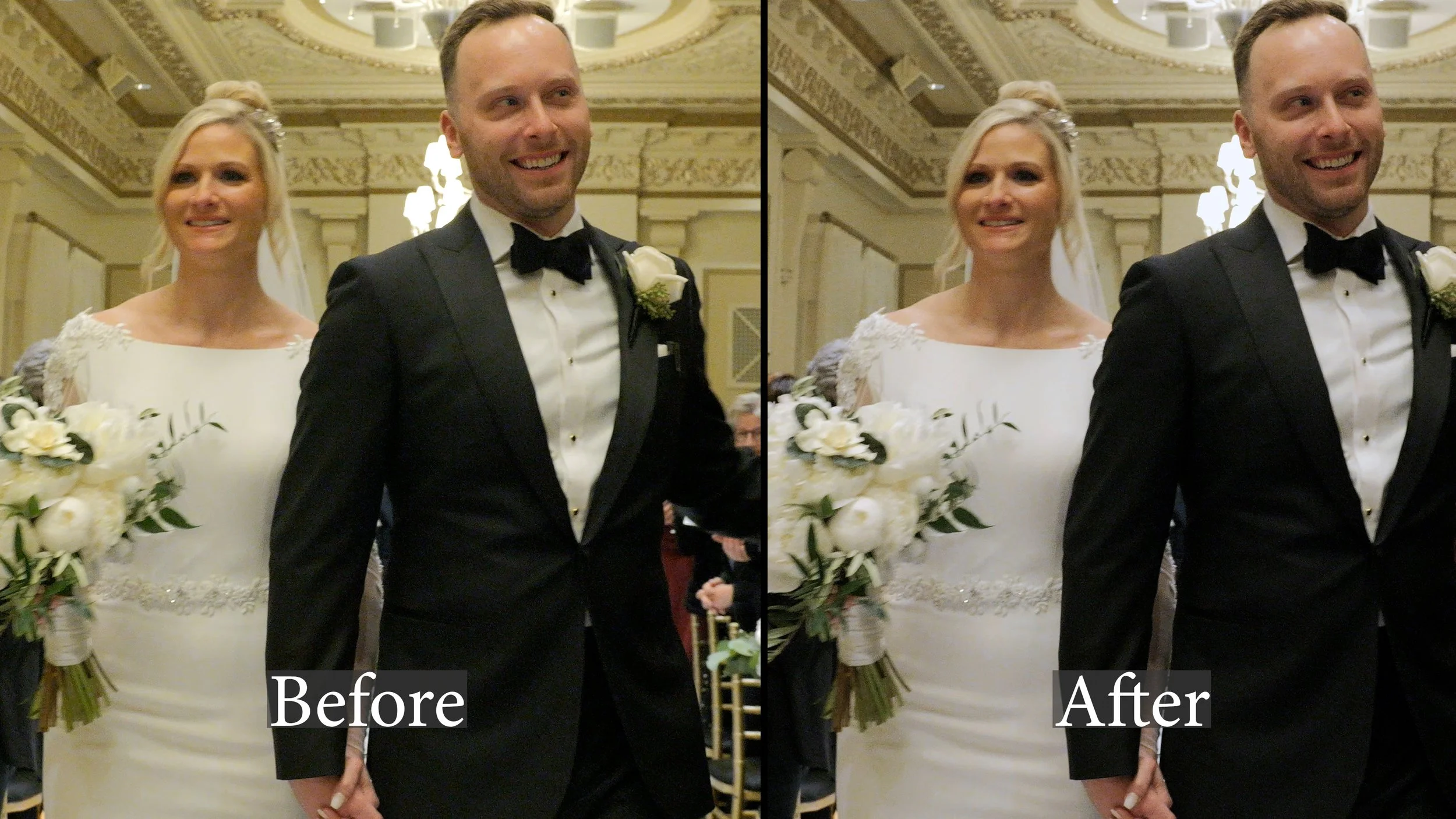 A smiling bride and groom at their wedding reception, standing inside an ornate ballroom. The bride wears a white gown and holds a bouquet of white flowers, while the groom is dressed in a black tuxedo with a bow tie. The image shows a side-by-side comparison labeled 'Before' and 'After'.