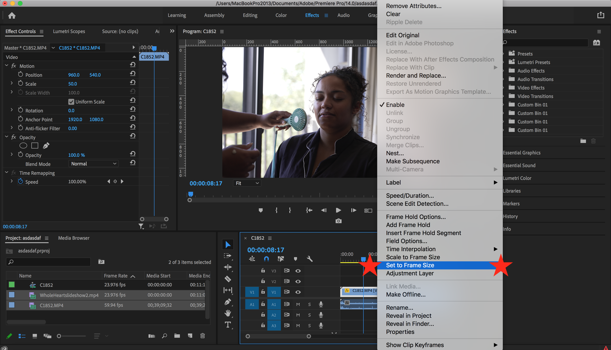 Screenshot of Adobe Premiere Pro interface with a video clip of a woman with curly hair having her face touched by a hand holding a small object. The timeline, project media, and various editing controls are visible, along with a context menu open on the right side.