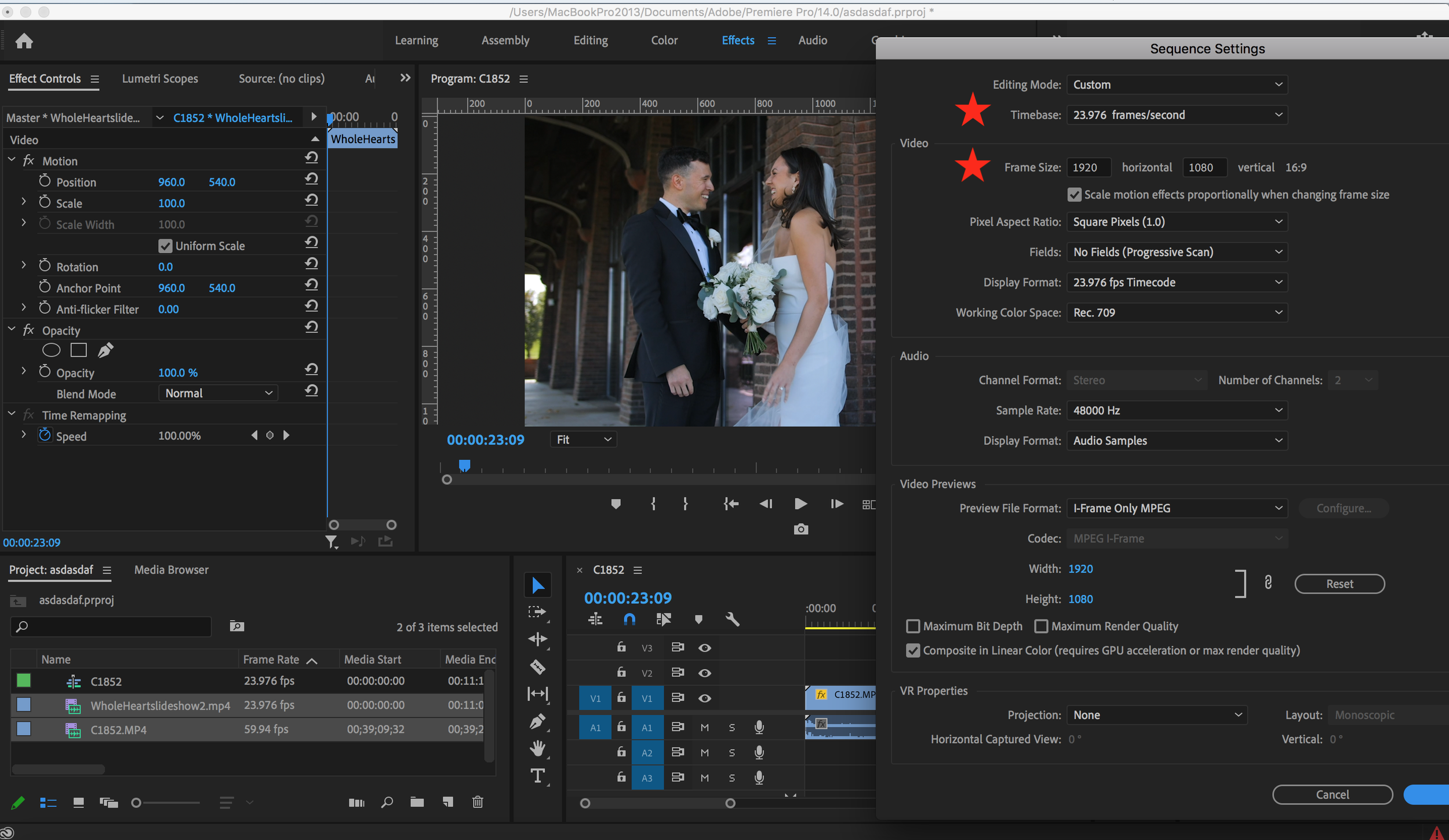 Screenshot of Adobe Premiere Pro editing software with a video timeline, video preview of a wedding scene with a groom and a bride, and various editing panels.