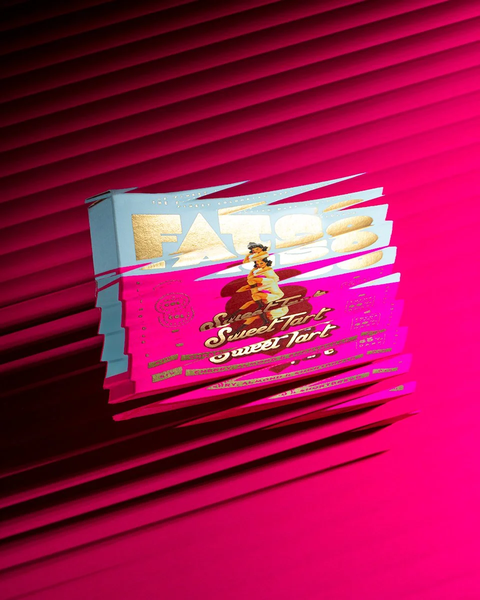 Abstract and bold photo box of Fatso branded chocolate  with linier lines running over the item with a gradient from dark to light