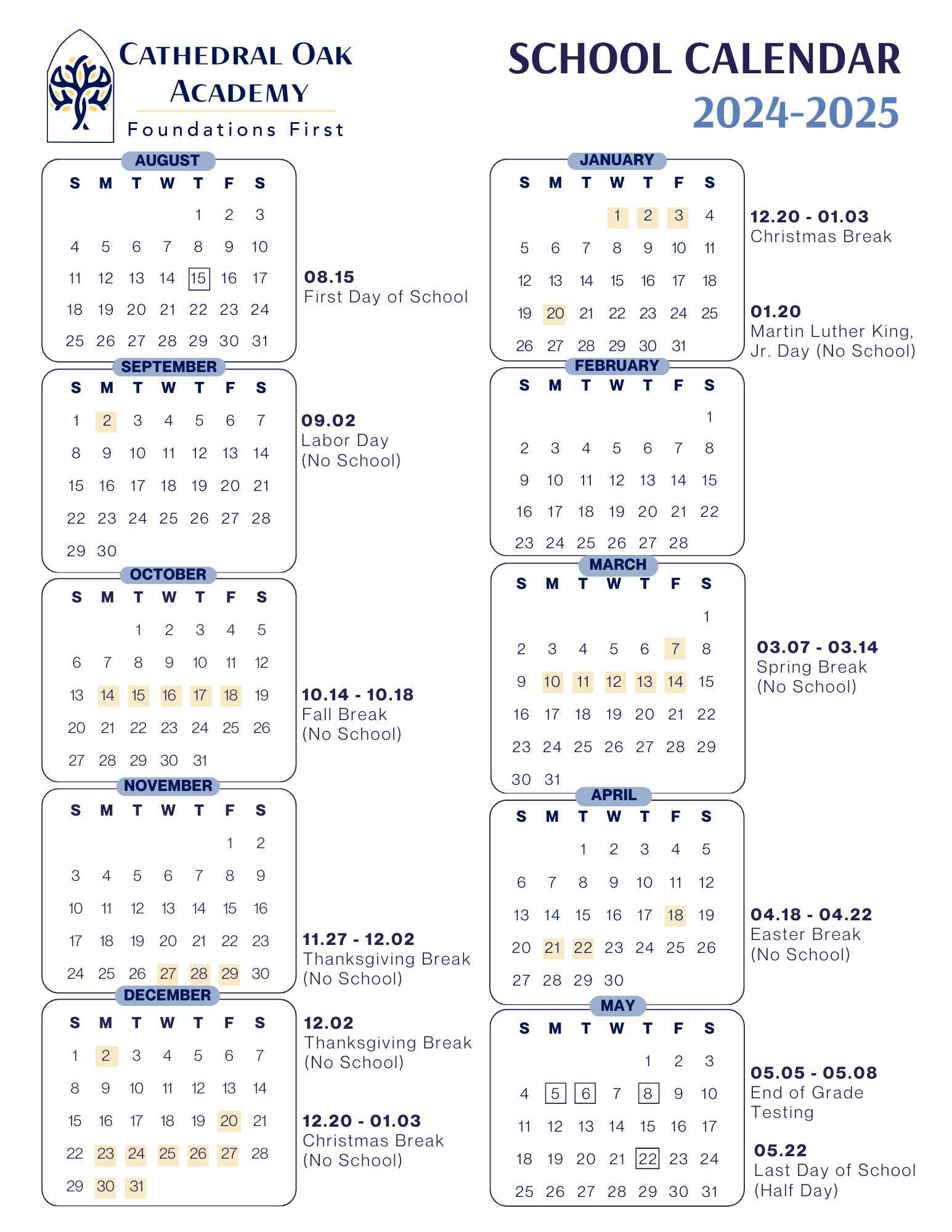 School Calendar — Cathedral Oak Academy