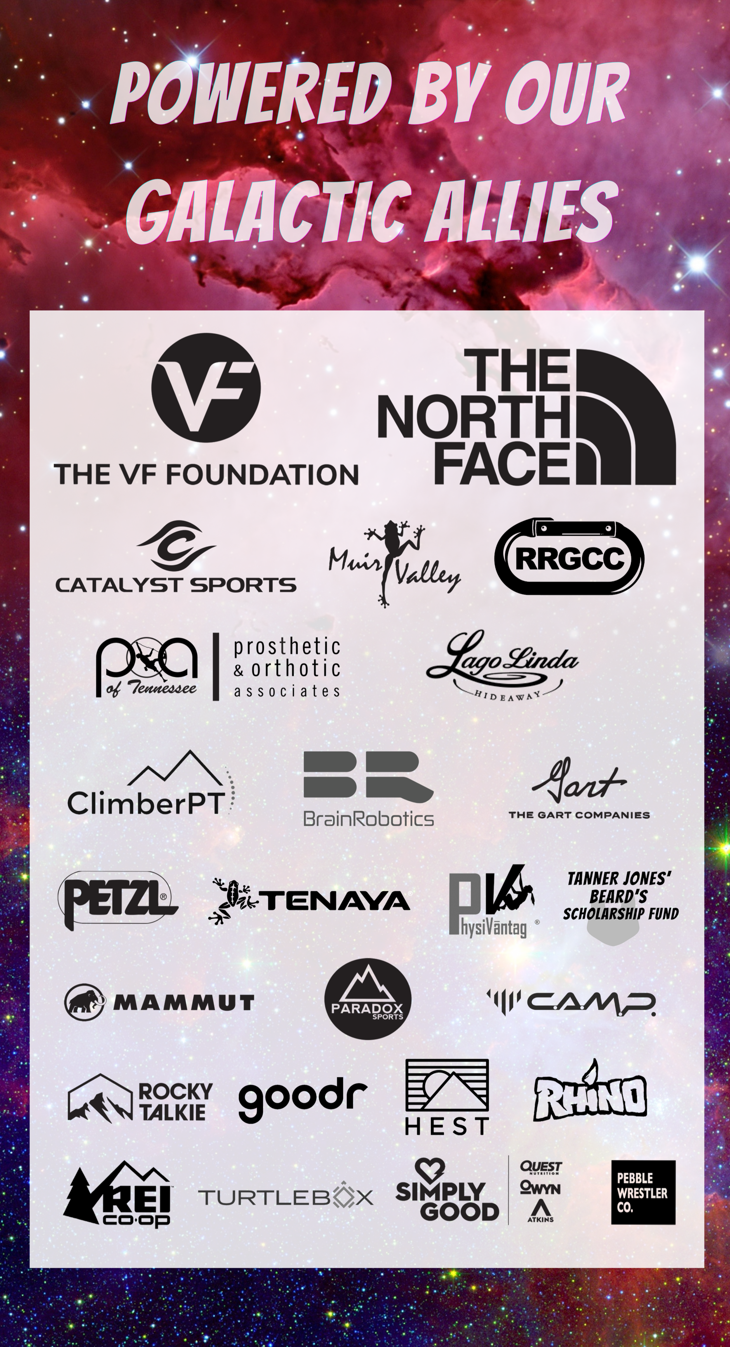 Sponsor recognition banner with a galaxy-themed background and the headline "Powered by Our Galactic Allies," featuring logos of The VF Foundation, The North Face, and Adaptive Climbers Festival sponsors.