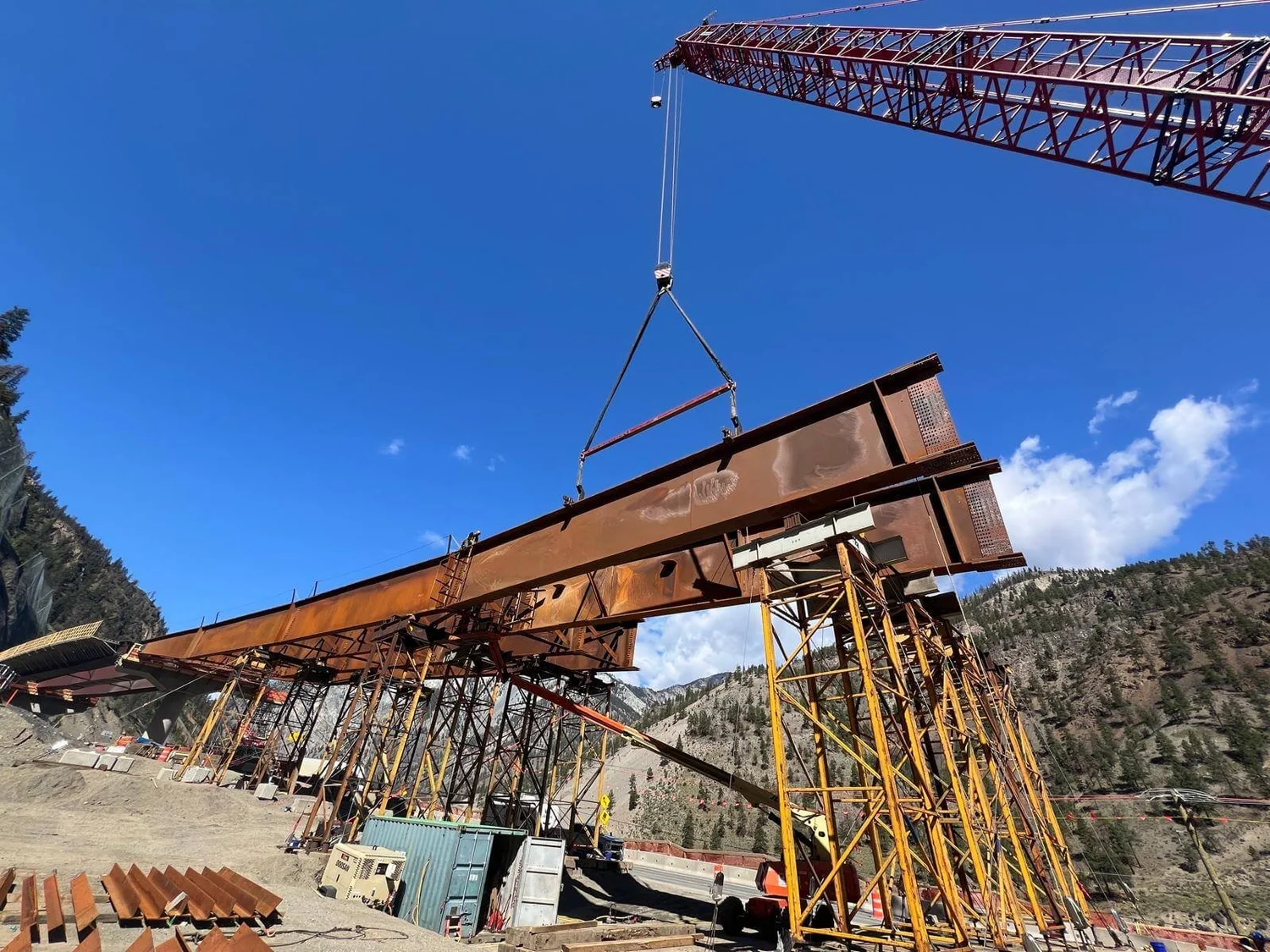 Tank Hill single girder lift with three lines of falsework shoring towers