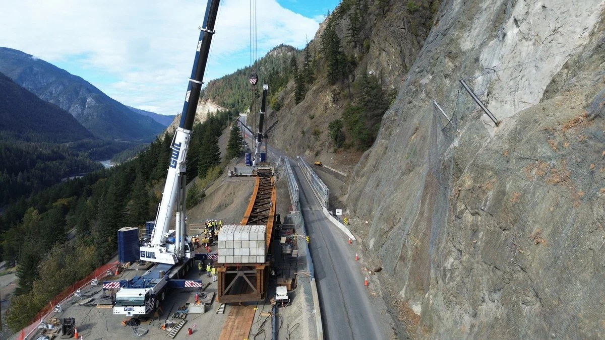 Falls Creek Bridge steel plate girder launch erection