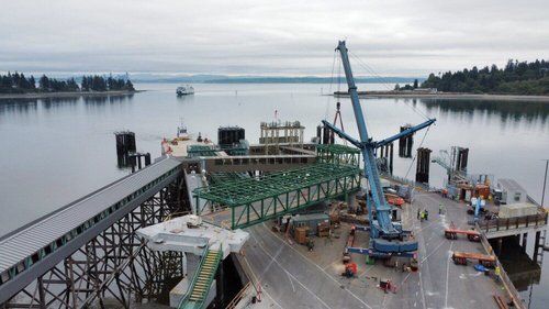Aerial view of truss installation progress