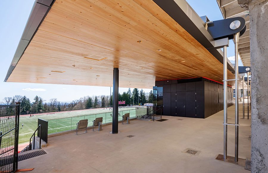 SFU Stadium Roof tension rods and CLT panel soffits
